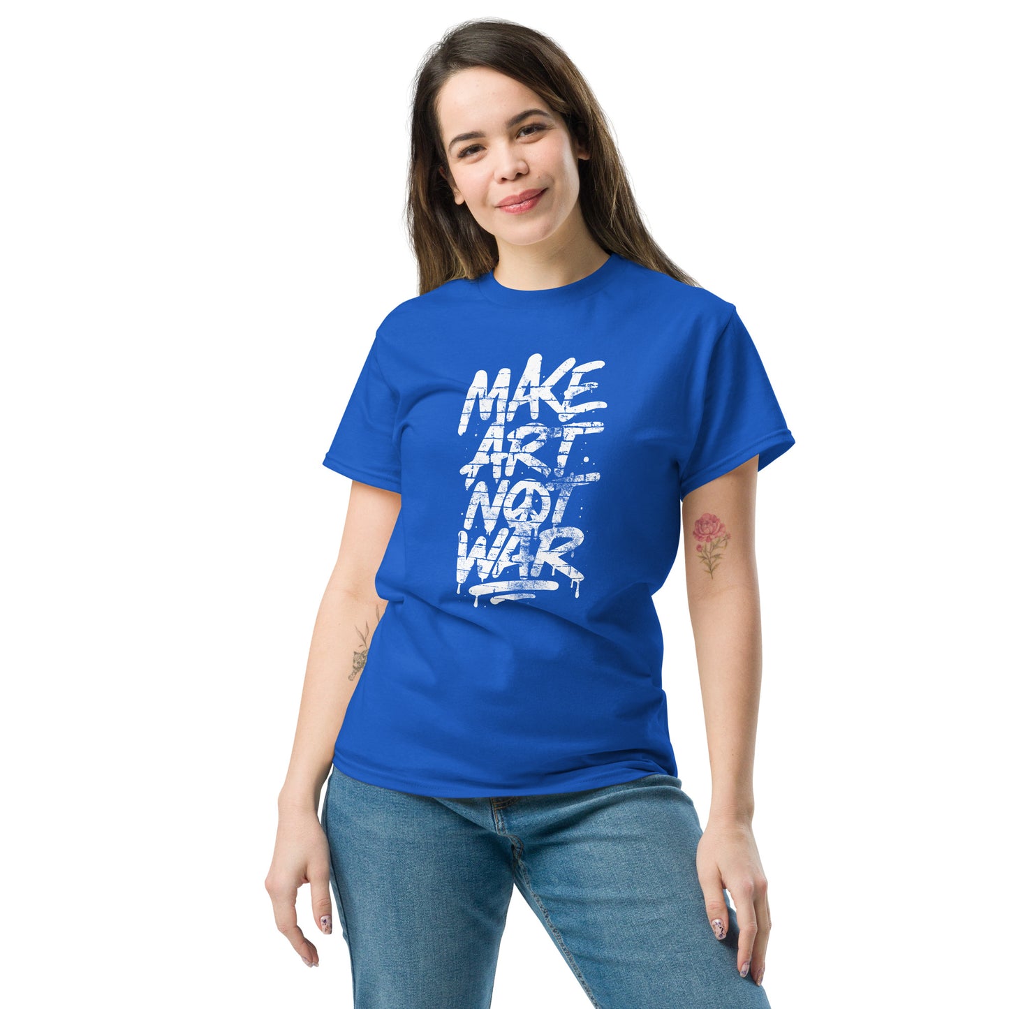 Female protester wearing the "Make Art Not War" Graffiti Brick Wall Anti-War Unisex Classic Tee