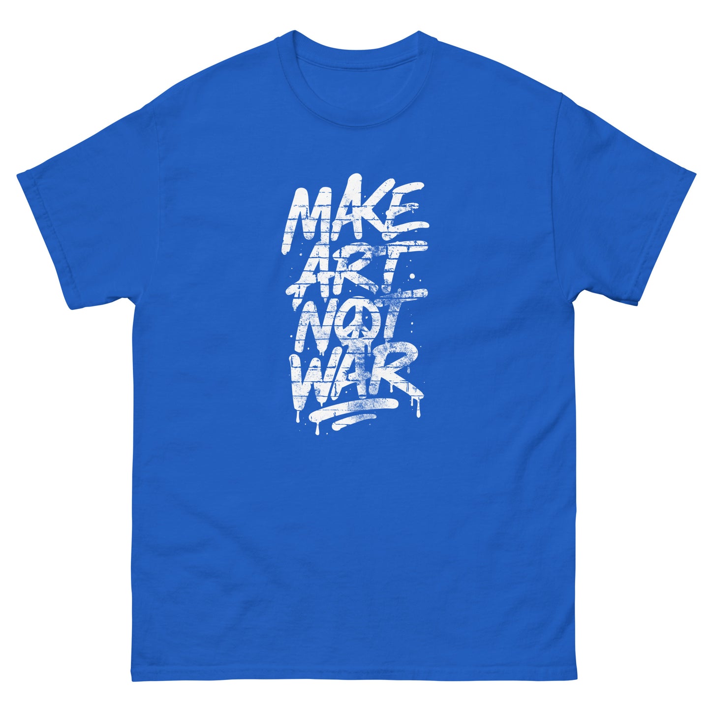 Royal blue unisex Make Art Not War tee from Blue Wave USA, showcasing a statement graphic that celebrates artists as agents of peace.