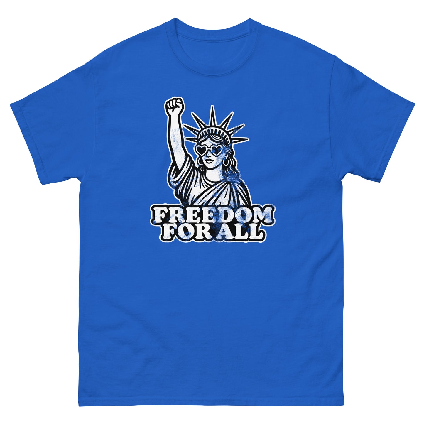 Front View Image: Front view of Freedom For All t-shirt featuring Statue of Liberty with raised fist