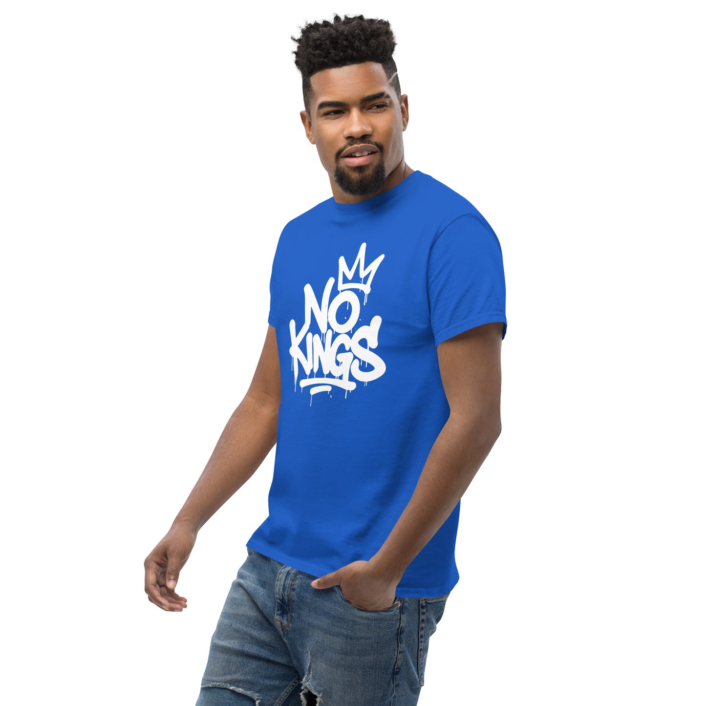 Lifestyle Image: Black Protester wearing No Kings tee during street demonstration