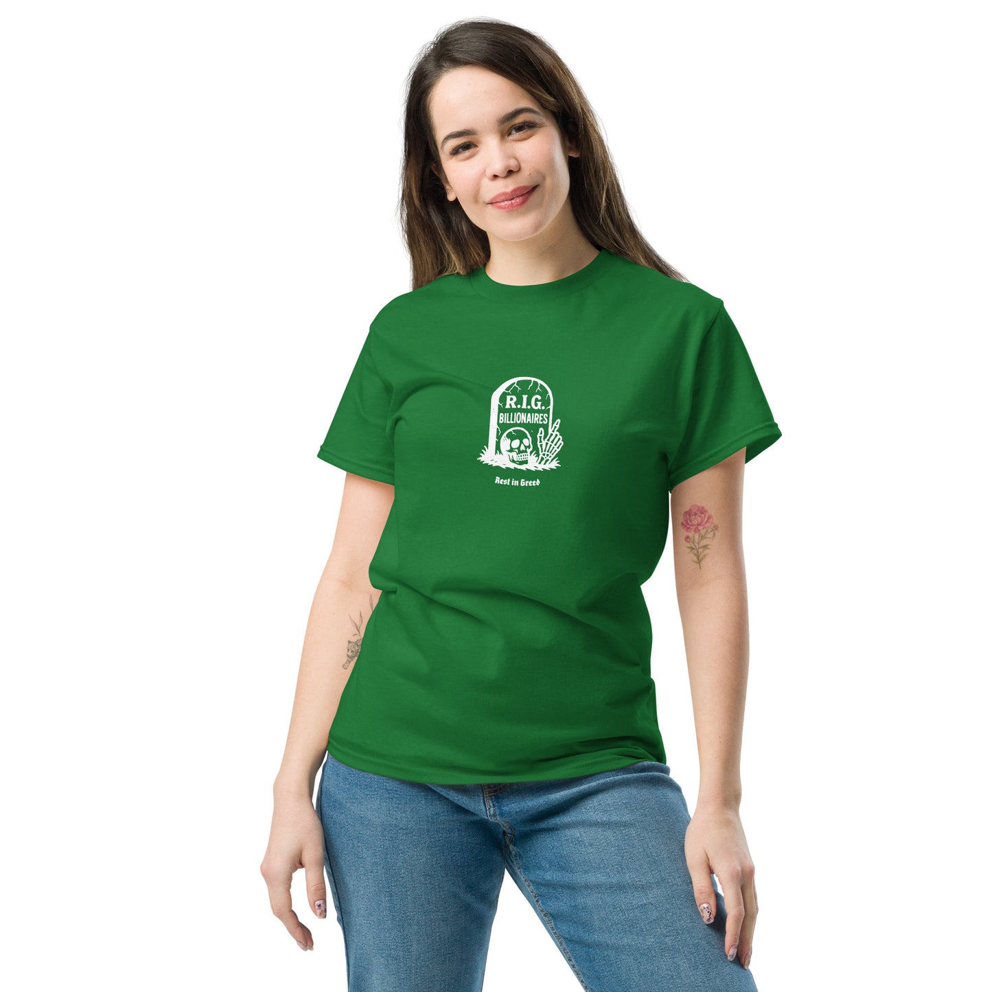 Female protester wearing the R.I.G. Billionaires "Rest In Greed" Anti-Capitalist Unisex Classic Tee