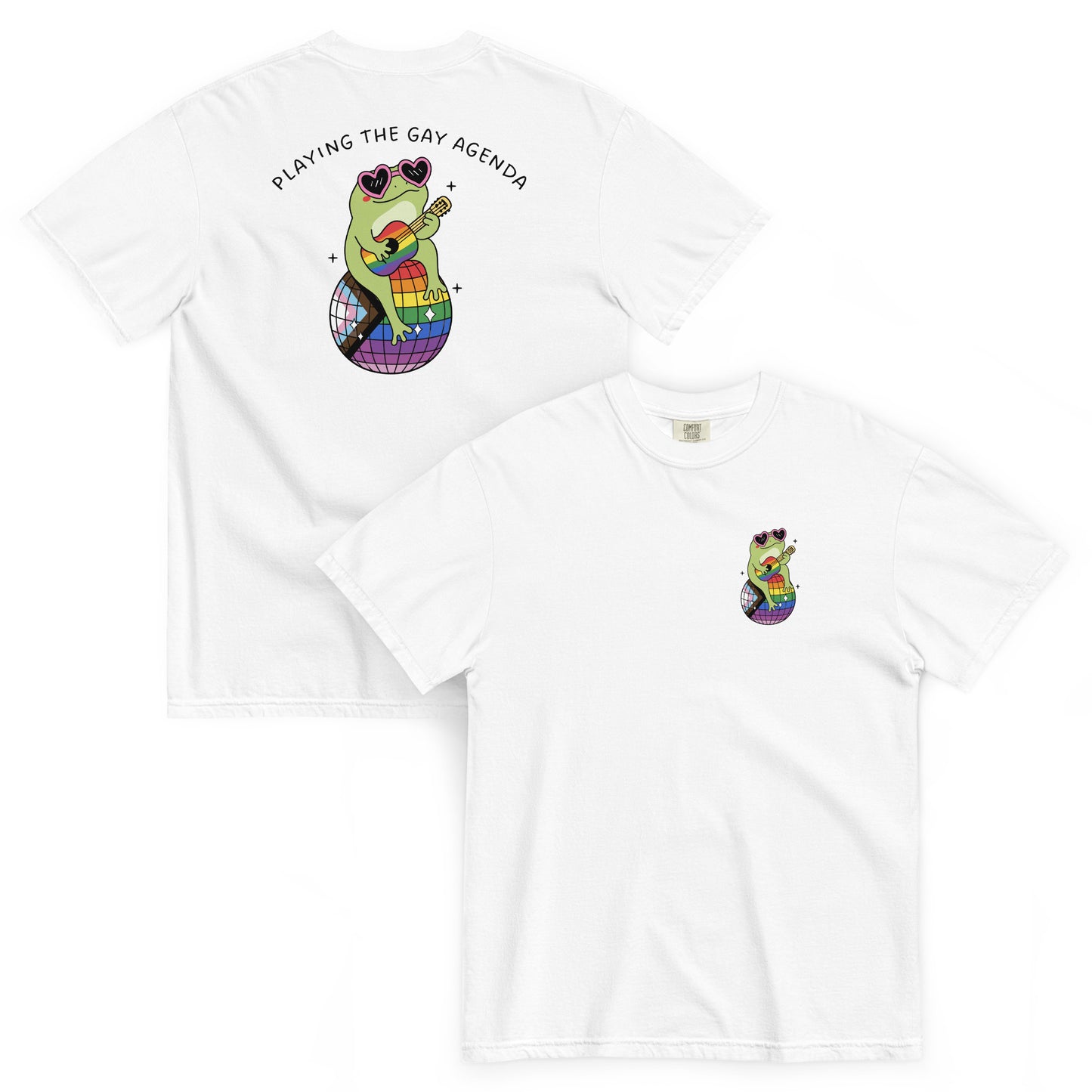 White Comfort Colors t-shirt featuring a vibrant rainbow frog musician graphic and “Playing the Gay Agenda” slogan celebrating Pride and inclusivity.