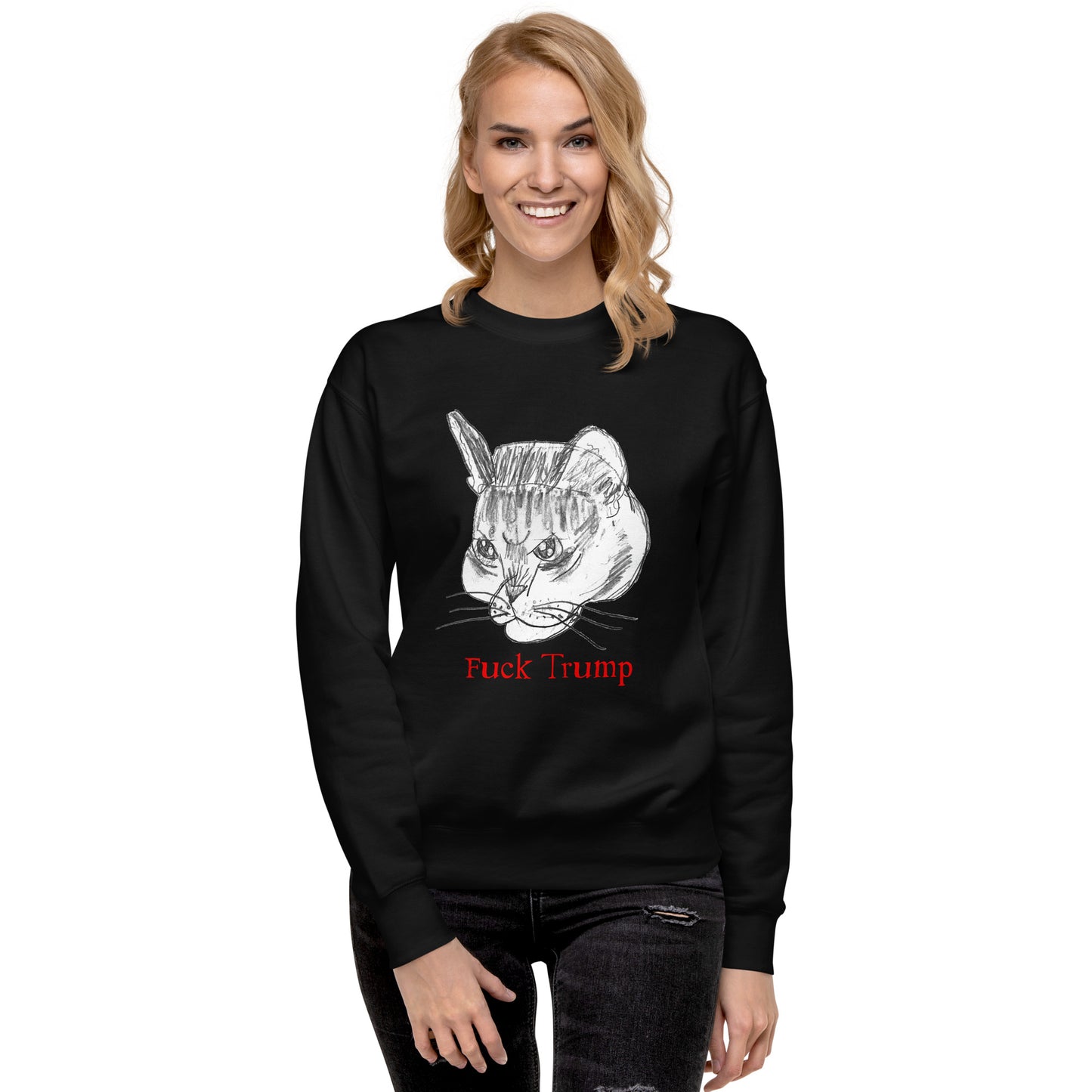 Lifestyle Image: Female model wearing the FDT anti-Trump cat sweatshirt in a casual setting, showcasing its fit and design.