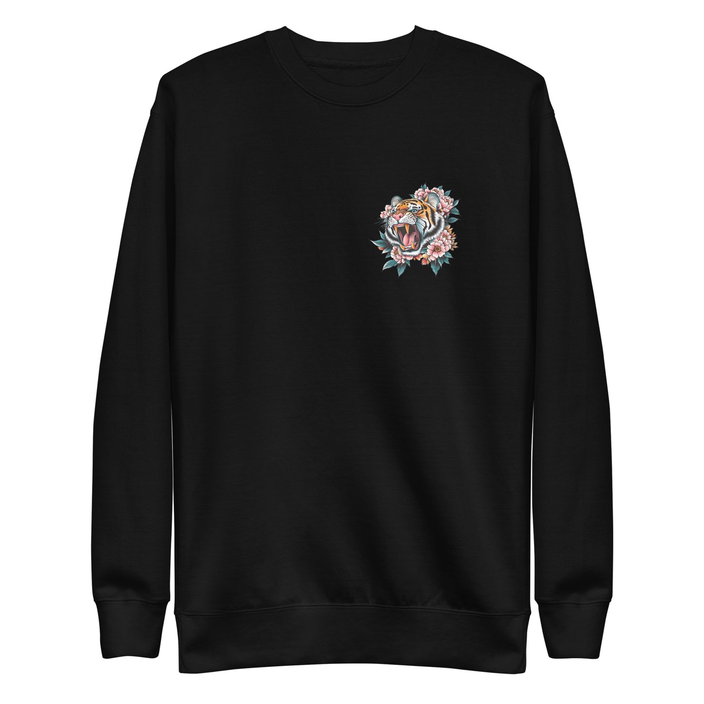 Front View Image: Women Don’t Owe You Sh*t Premium Sweatshirt with small tiger and floral emblem on the front.