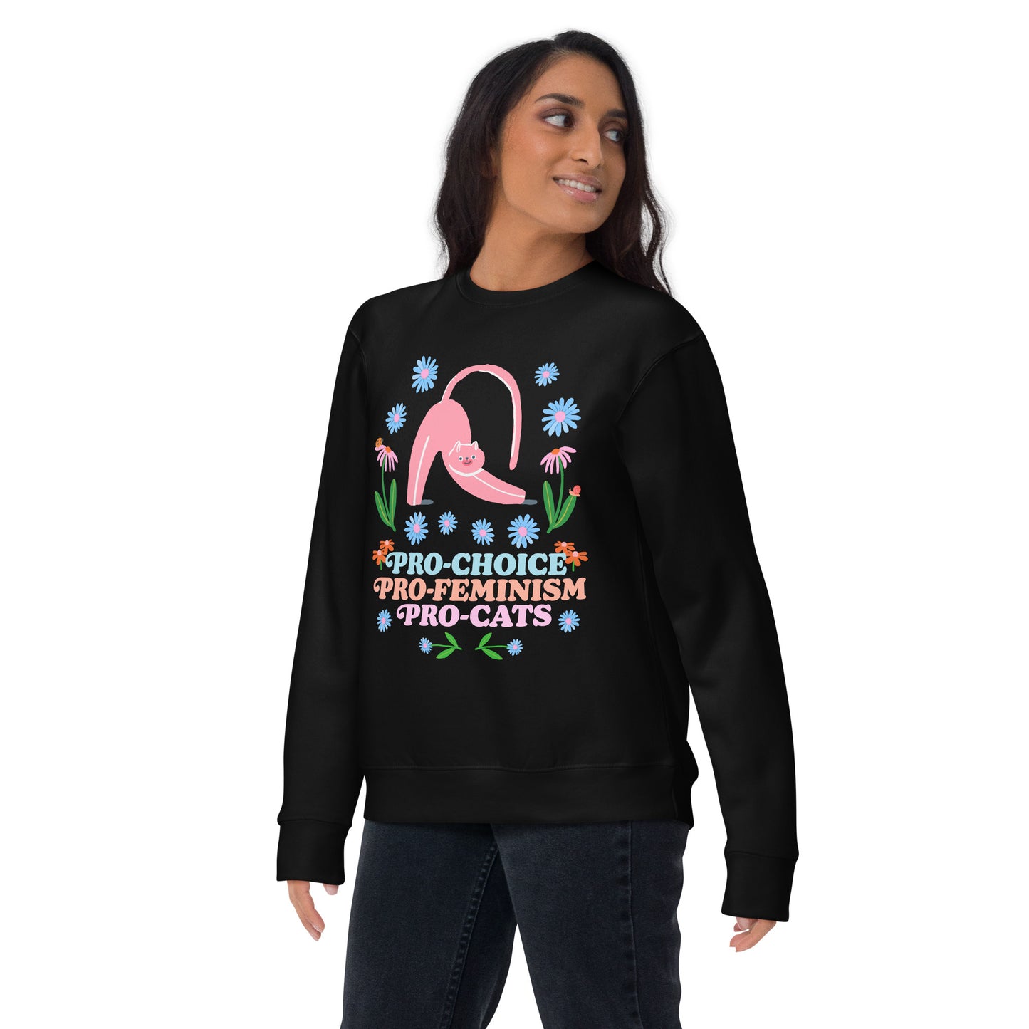 Person lounging in the Pro-Choice Pro-Feminism Pro-Cats Premium Sweatshirt.