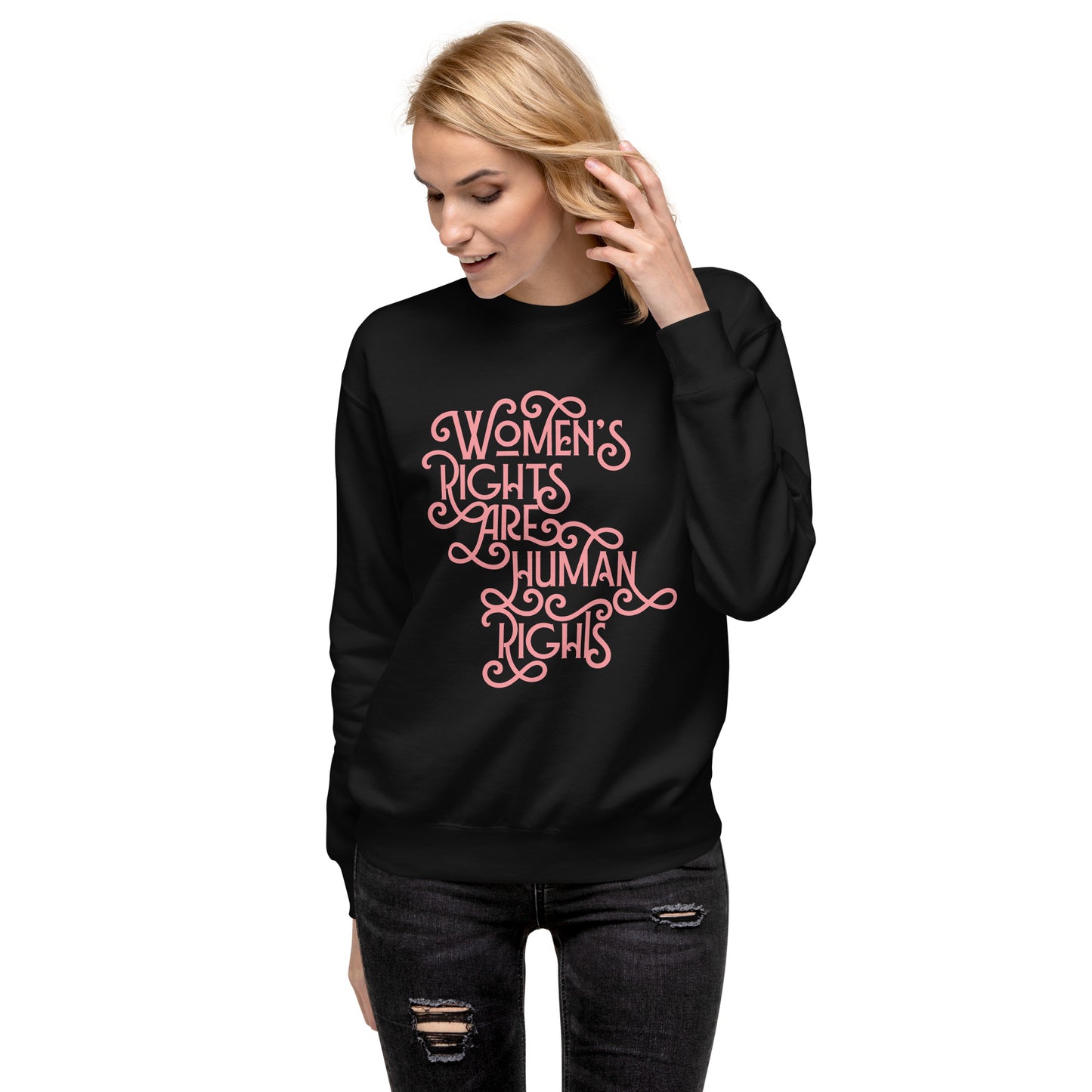 Lifestyle Image: A model wearing the sweatshirt at a protest, advocating for women’s rights.