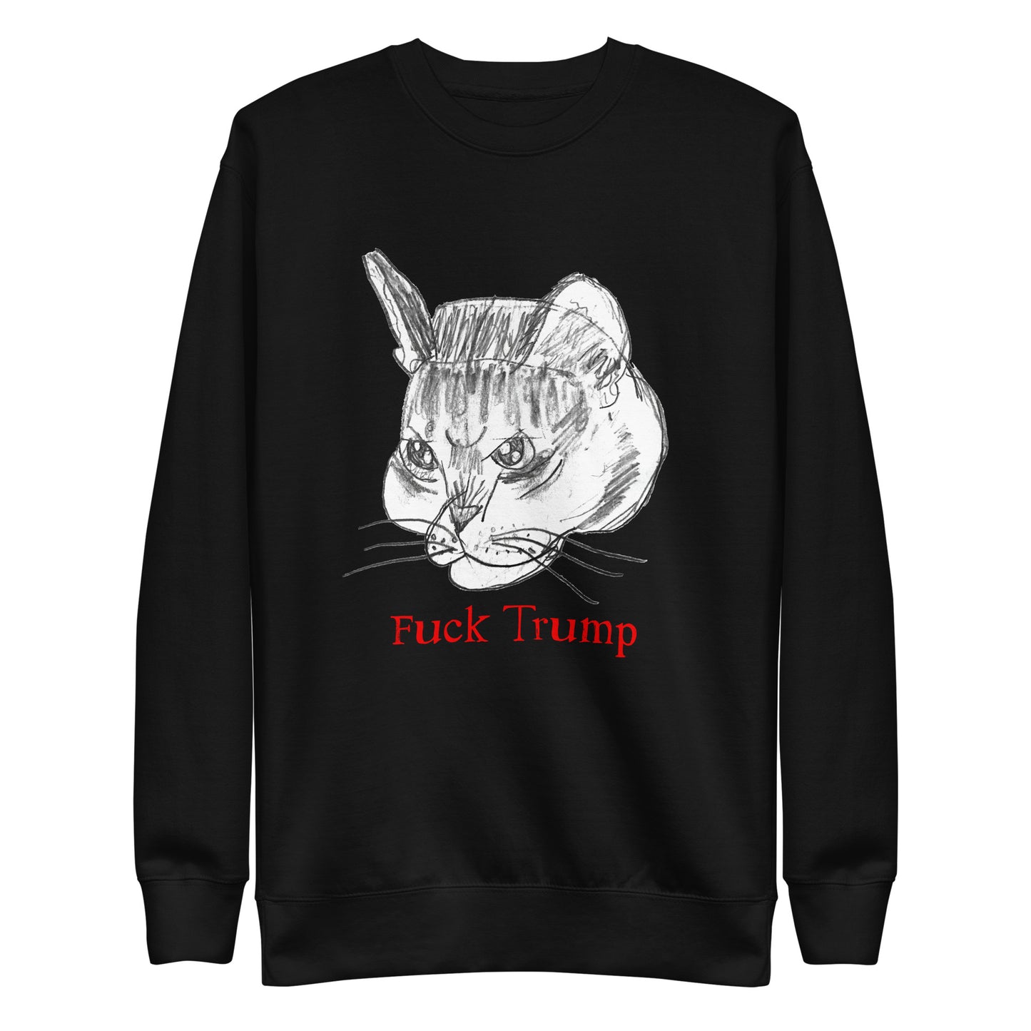 Front View Image: Unisex sweatshirt featuring a playful cat illustration with a "F*ck Trump" message.