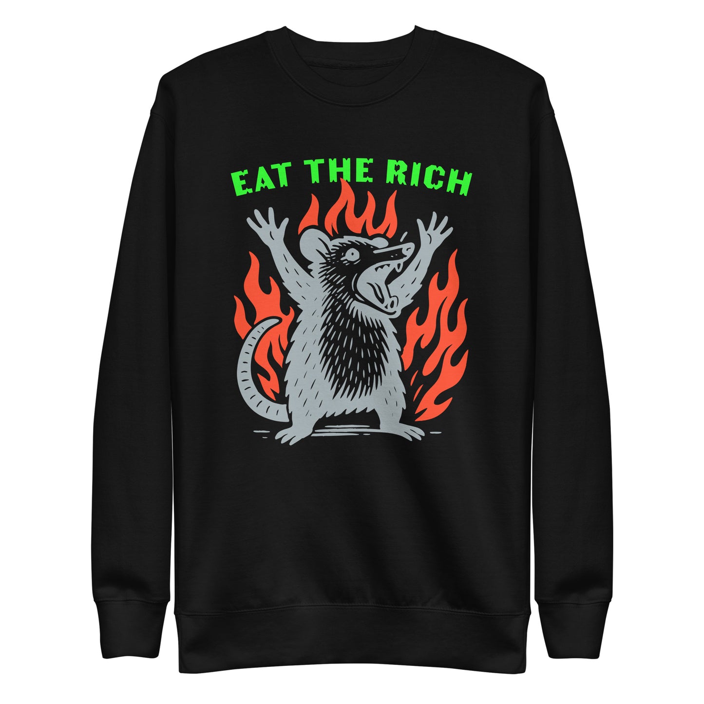 Front View Image: Eat The Rich Opossum Sweatshirt – bold protest design with flames