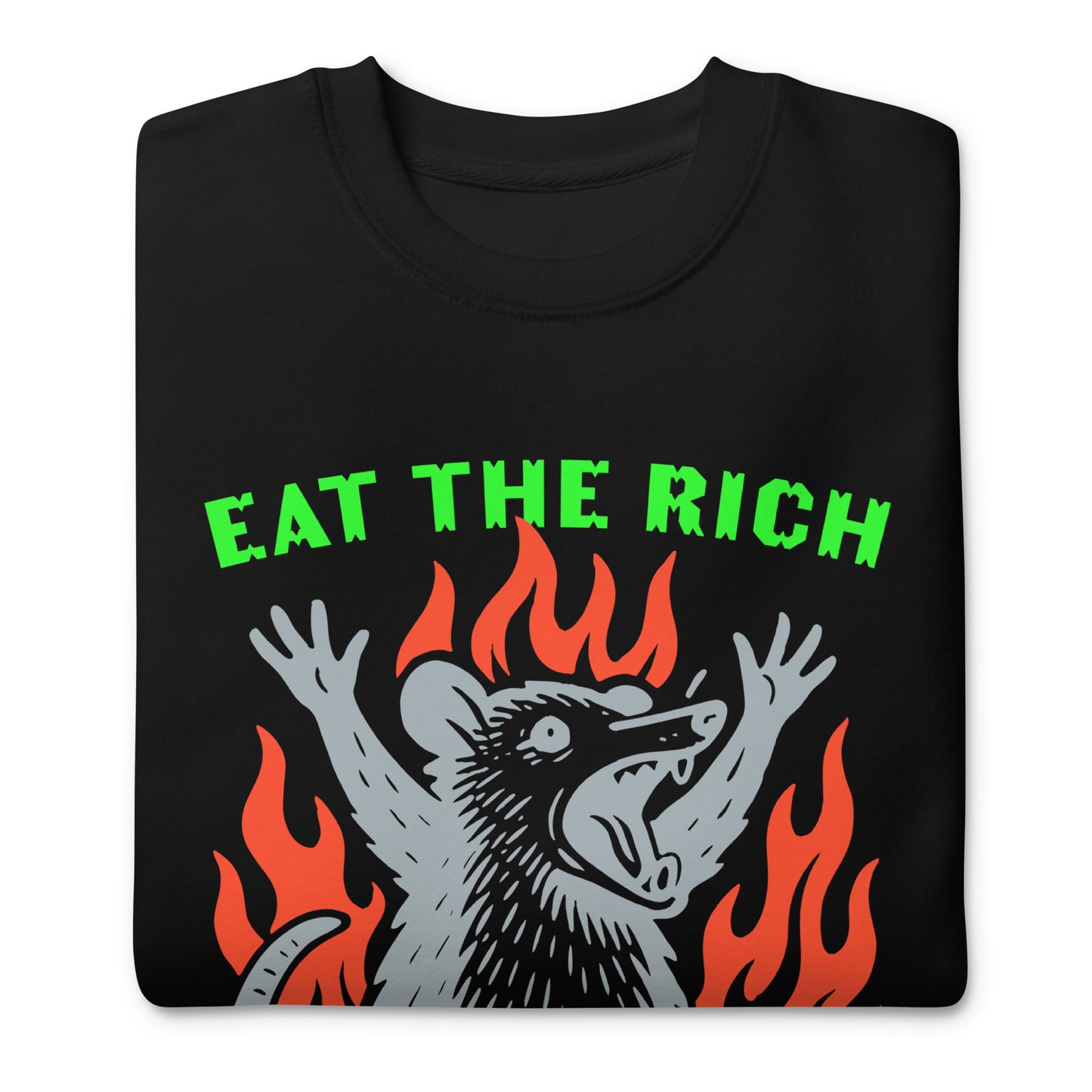 Close-Up of Design: Screaming opossum graphic surrounded by fire with neon “Eat The Rich” text