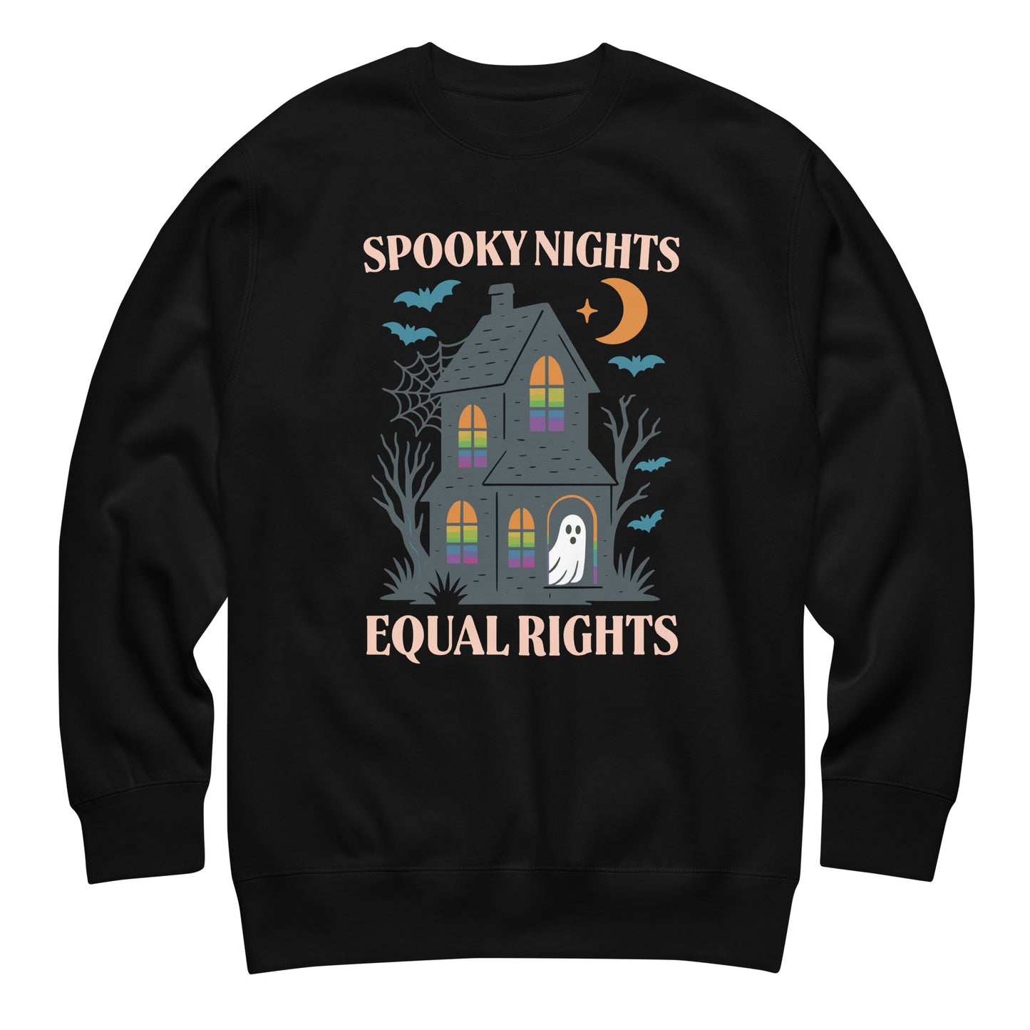 Black sweatshirt with “Spooky Nights, Equal Rights” haunted house and ghost design, cozy Halloween equality apparel.