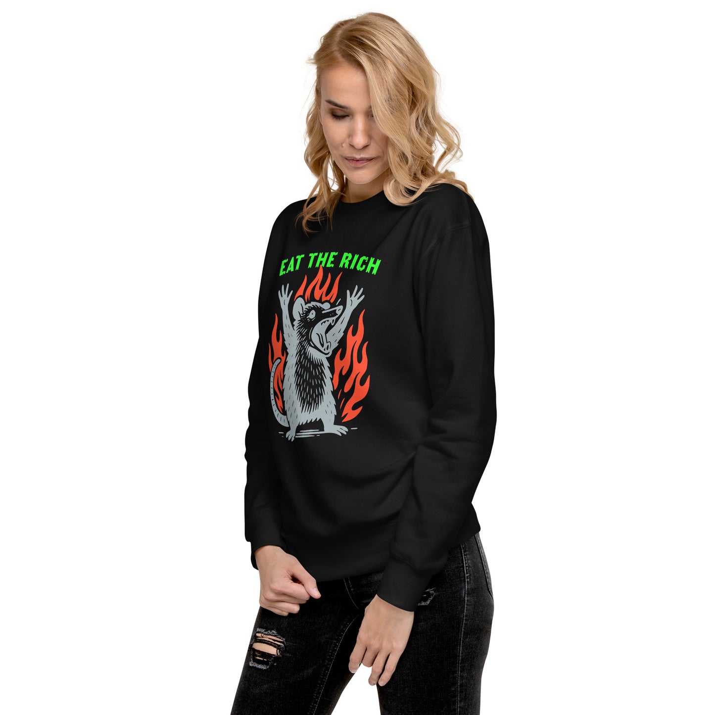 Lifestyle Image: Model wearing Eat The Rich Activist Sweatshirt – unisex punk style