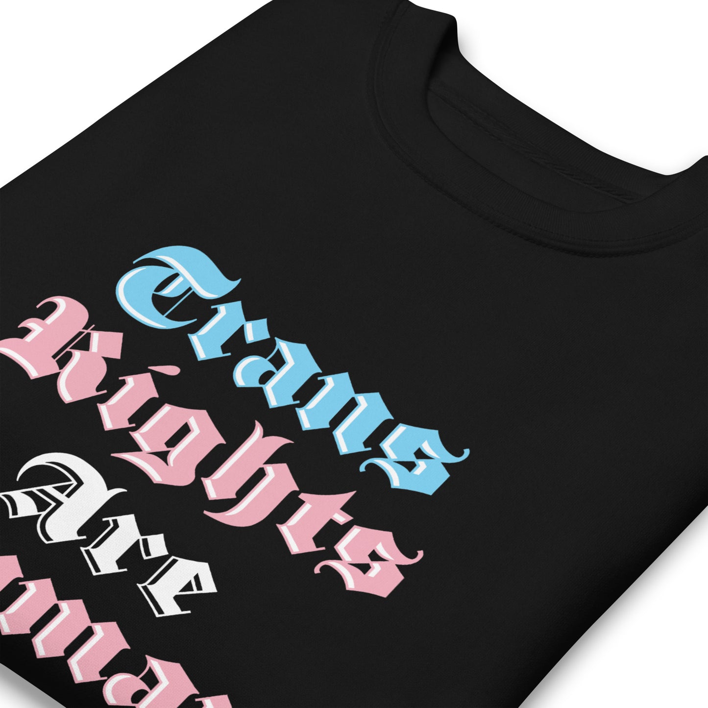 Close-up of bold Trans Rights Are Human Rights text on premium sweatshirt