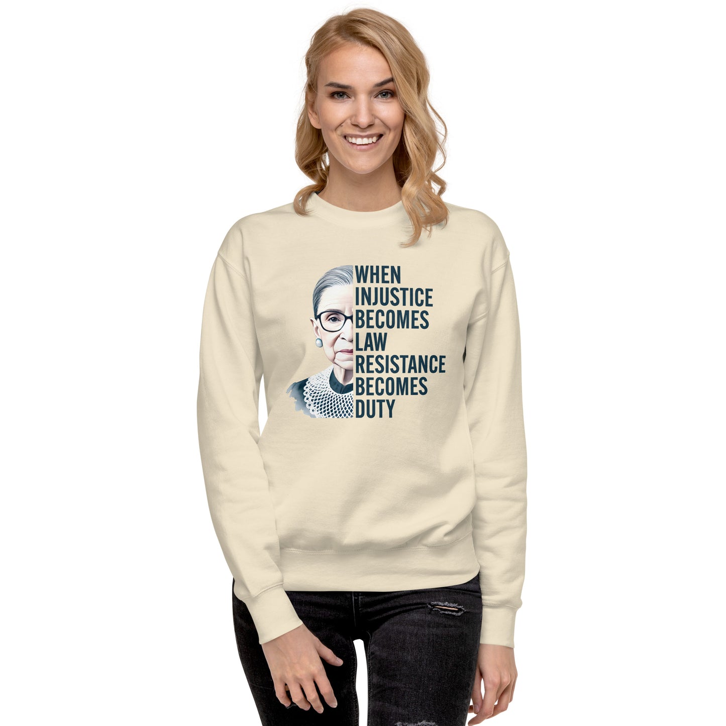 model wearing the Premium sweatshirt featuring Ruth Bader Ginsburg’s portrait and empowering quote.