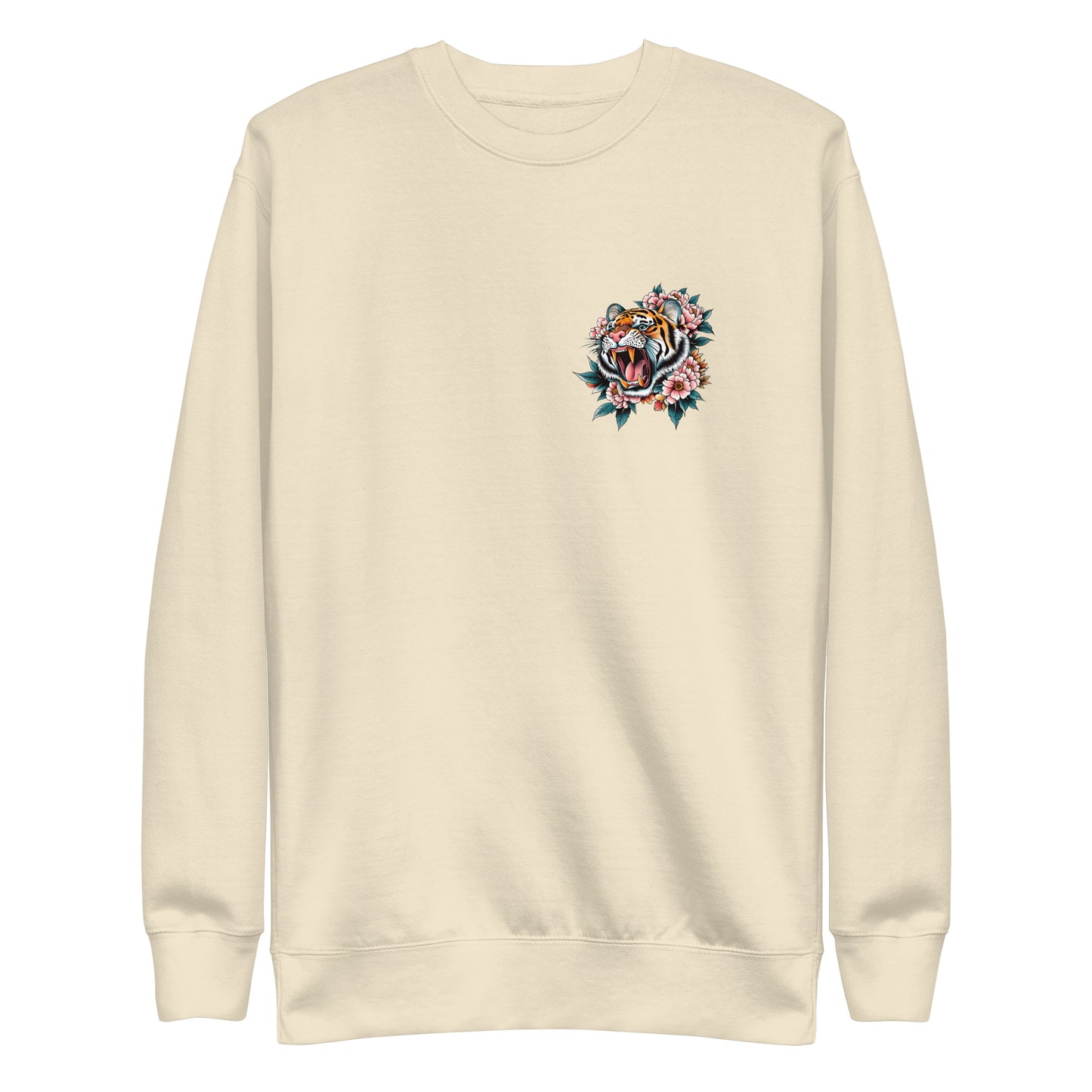 Front View Image: Women Don’t Owe You Sh*t Premium Sweatshirt with small tiger and floral emblem on the front.