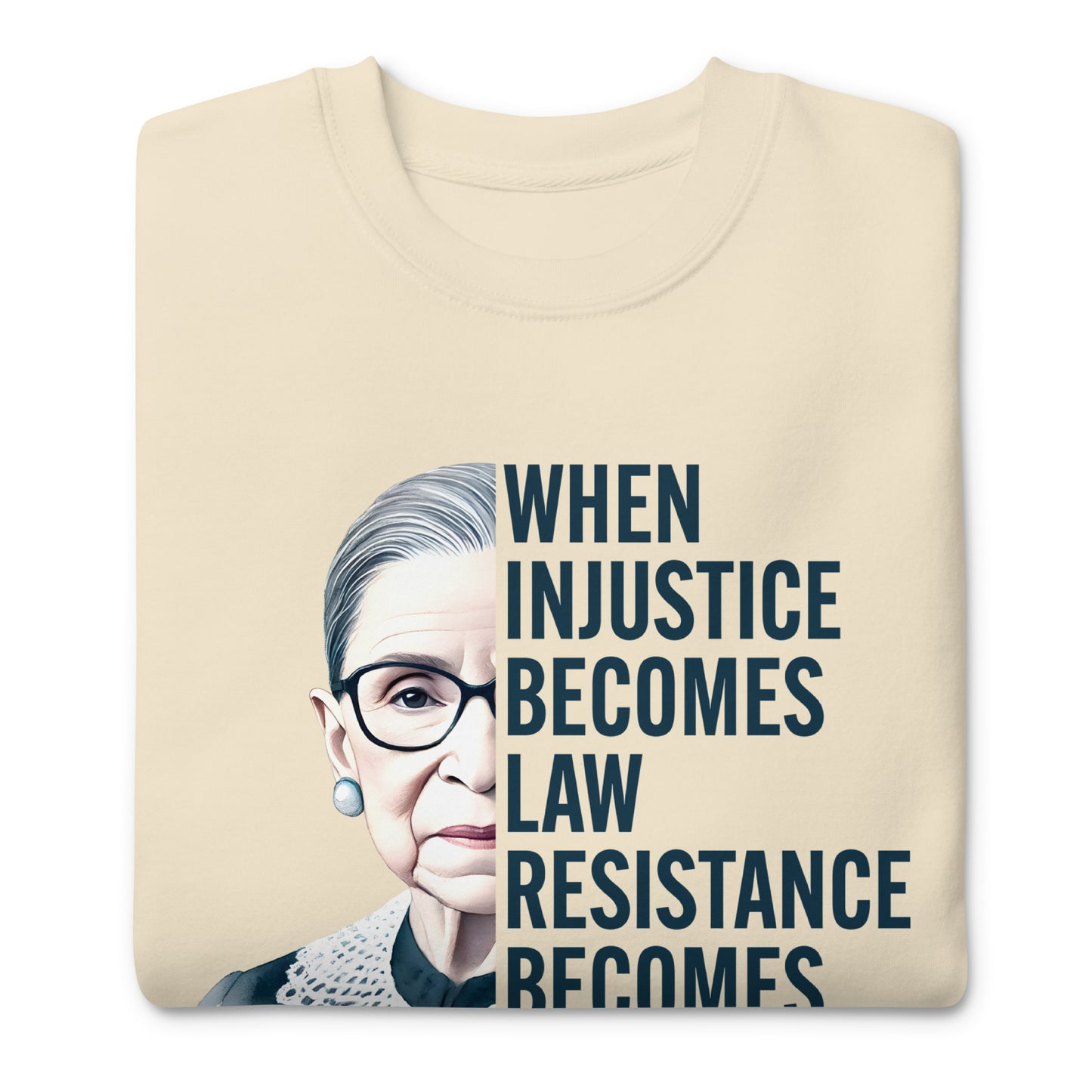 Close-Up of Design: Detailed graphic of RBG with bold text on the sweatshirt.