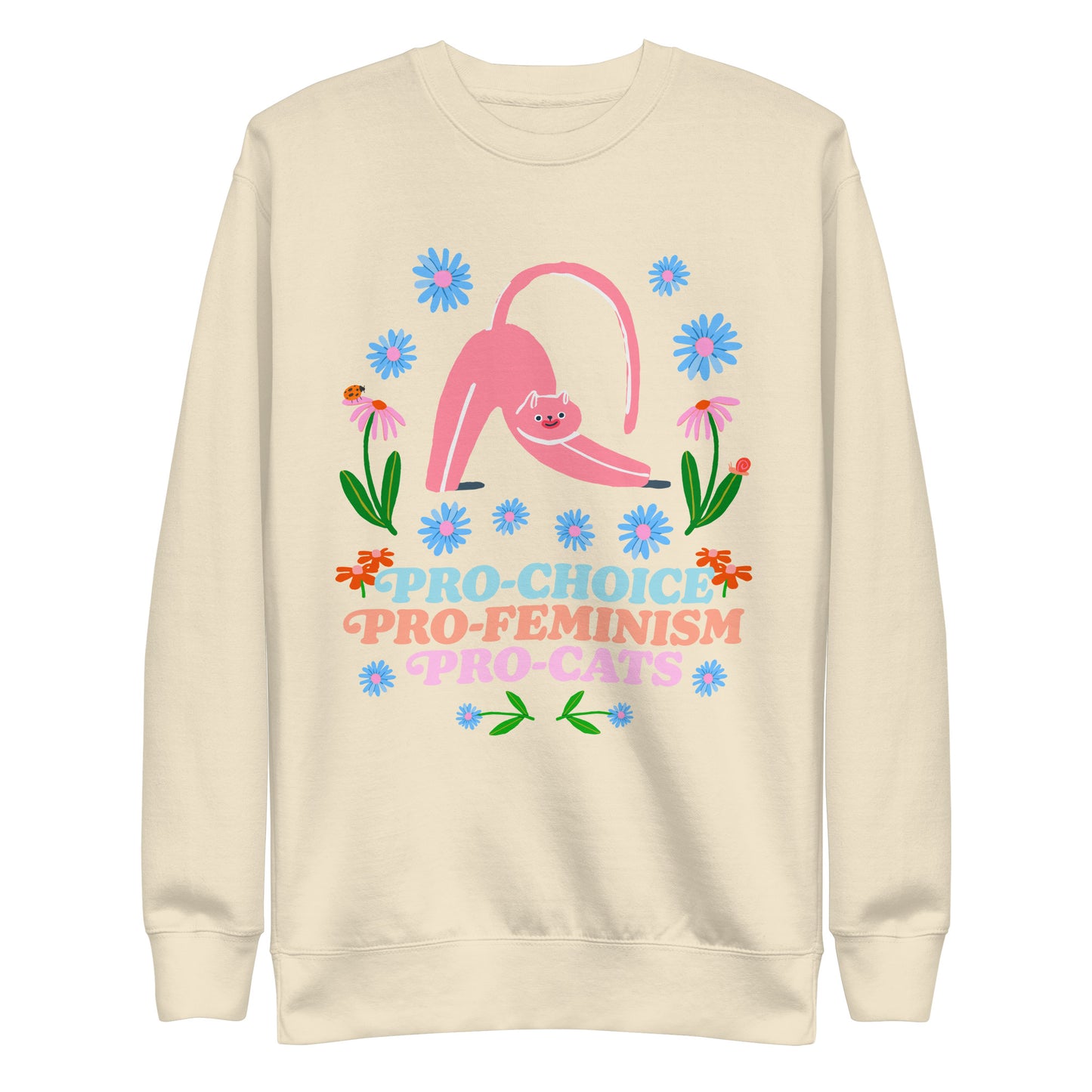 Front View Image: Pro-Choice Pro-Feminism Pro-Cats Premium Sweatshirt with floral cat design.