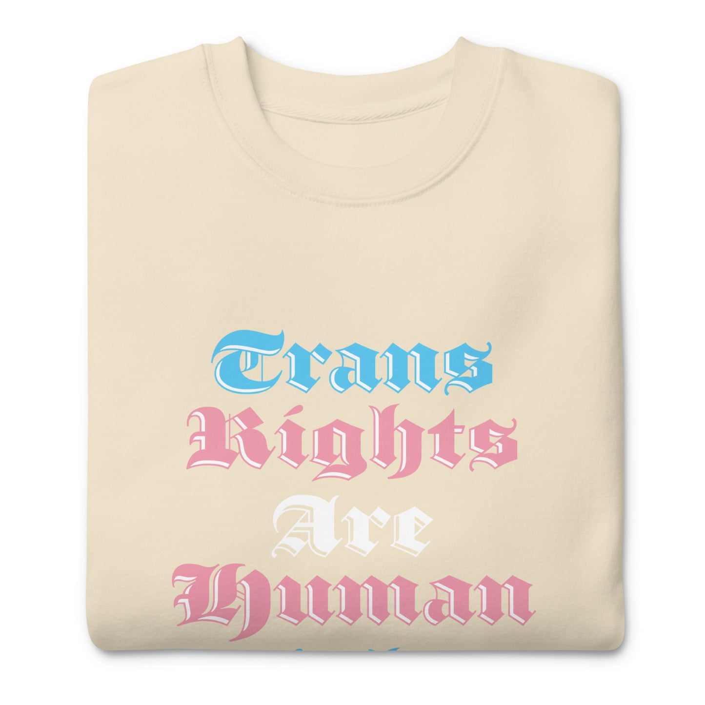 Close-up of bold Trans Rights Are Human Rights text on premium sweatshirt