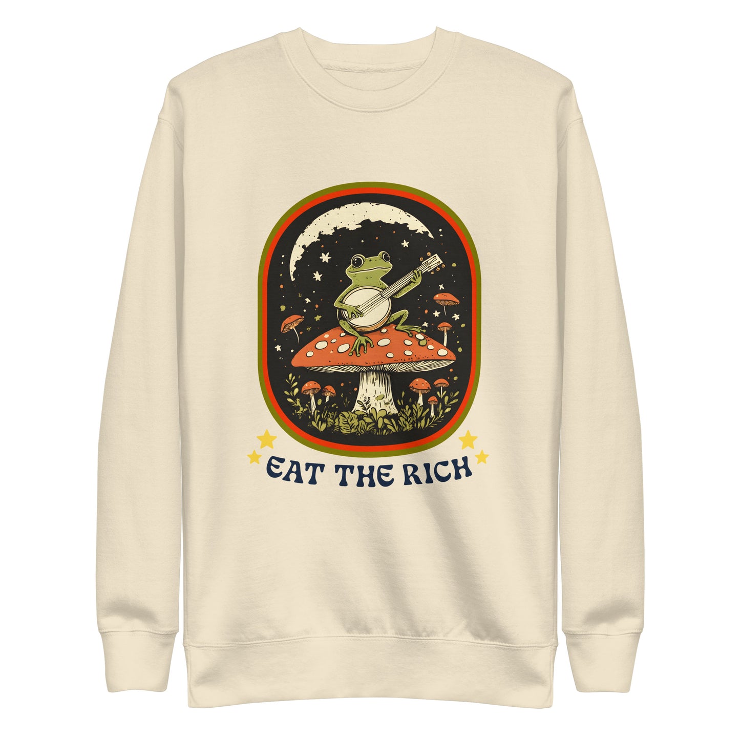 Front view of Eat The Rich Premium Sweatshirt with whimsical frog graphic.