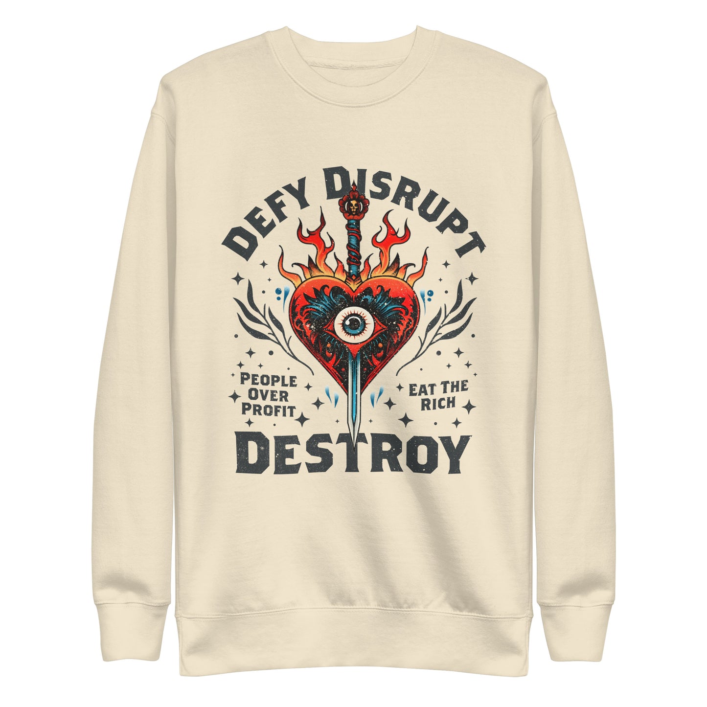 Front View Image: Eat The Rich Premium Sweatshirt with fiery heart design and anti-capitalist message.