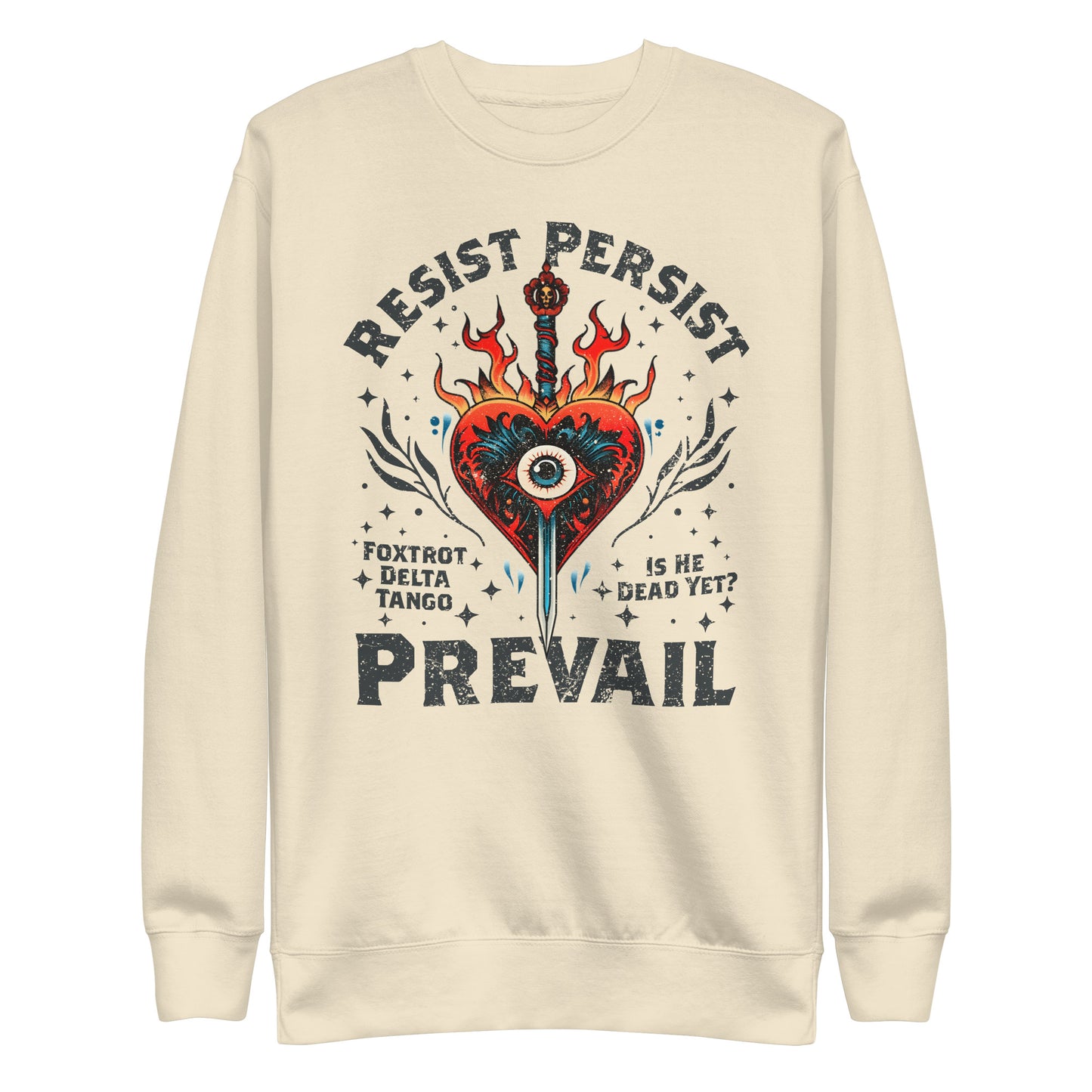 Front View Image: FDT Anti-Trump Ultimate Sweatshirt featuring a bold evil heart engulfed in flames.