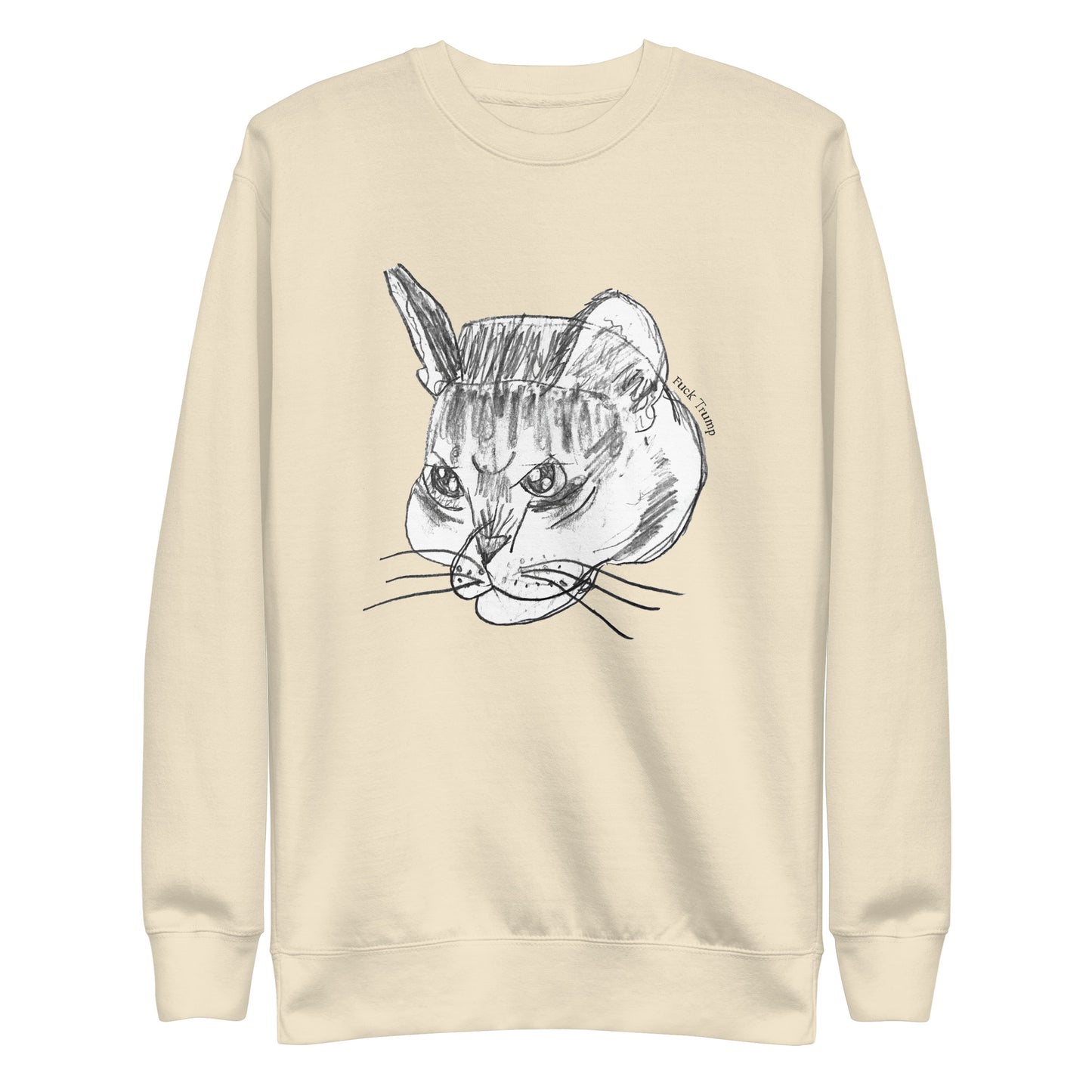 Front View Image: Subtle FDT Anti-Trump Cat Sweatshirt with grumpy cat illustration.