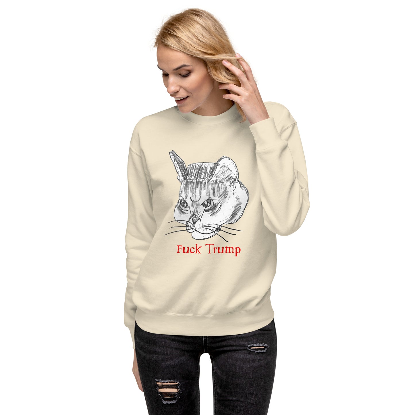 Lifestyle Image: Female model wearing the FDT anti-Trump cat sweatshirt in a casual setting, showcasing its fit and design.