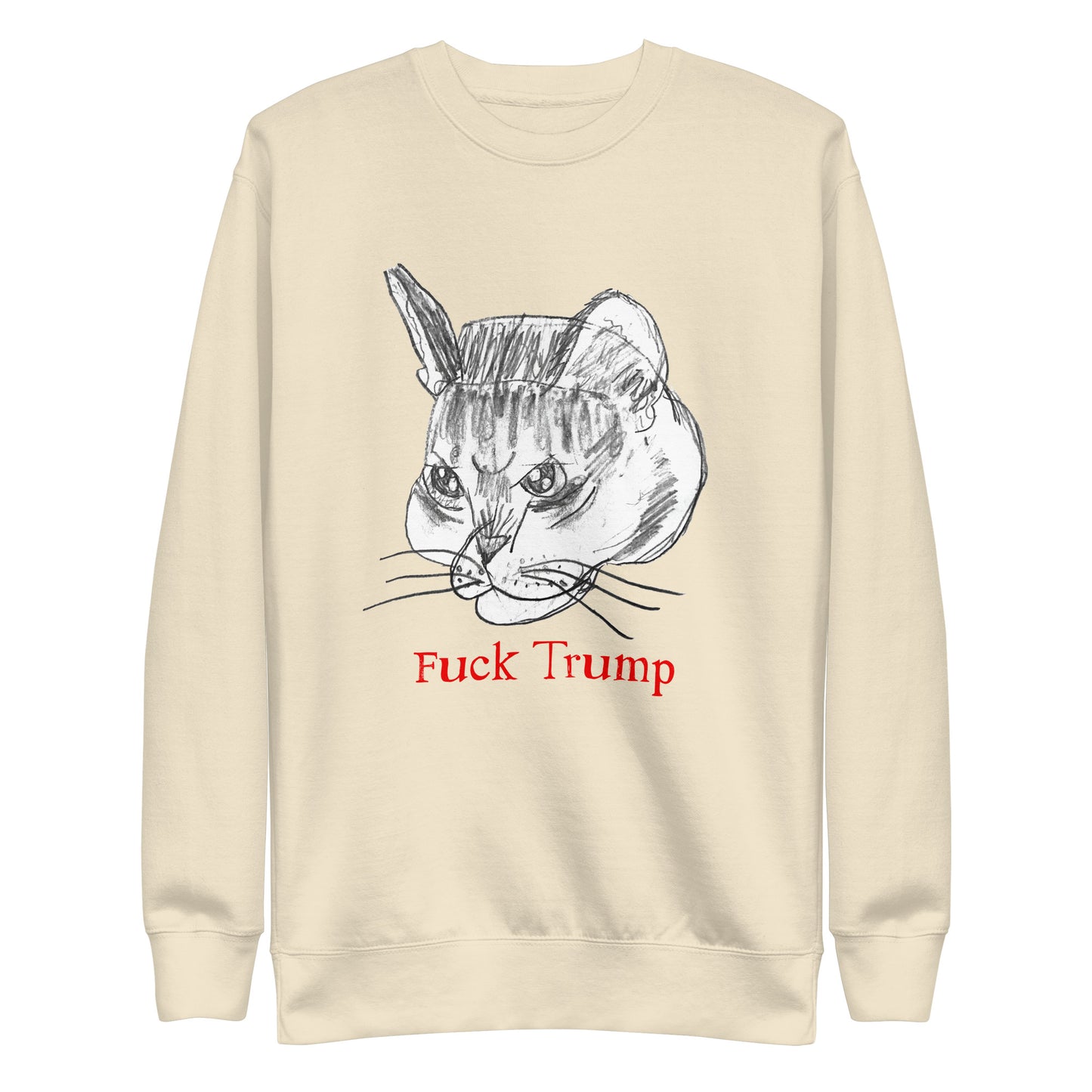 Front View Image: Unisex sweatshirt featuring a playful cat illustration with a "F*ck Trump" message.