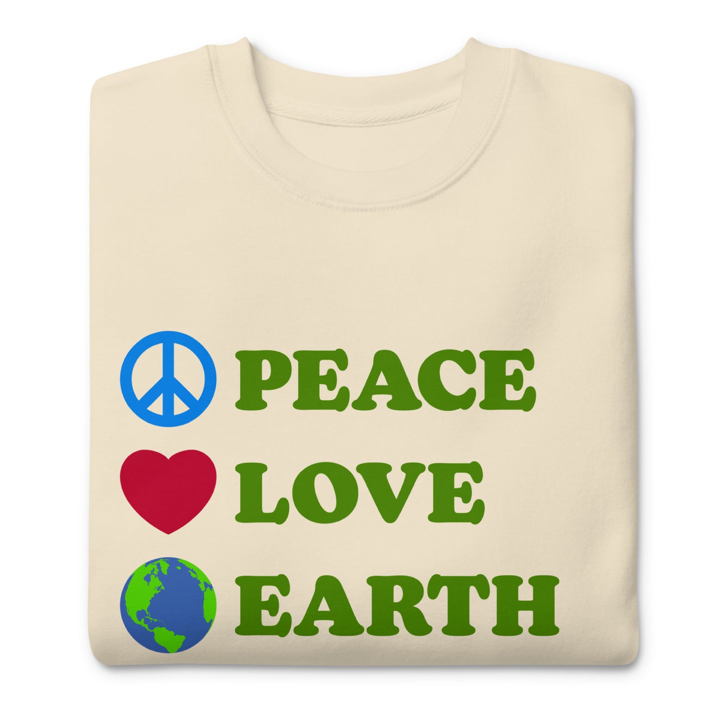 Close-Up of Design: Crisp detail of peace, heart, Earth, and recycle symbols on our sweatshirt