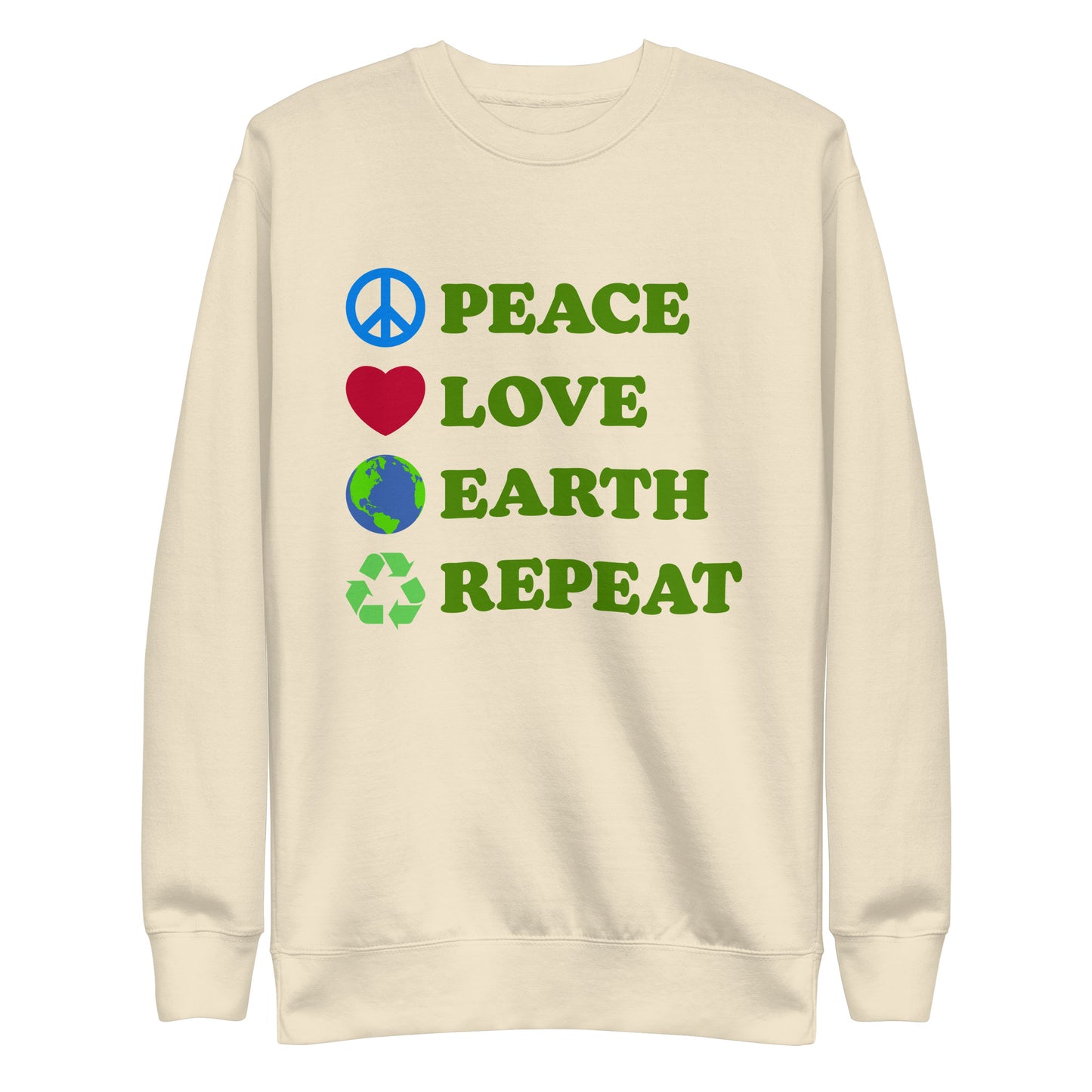 Front View Image: Peace Love Earth Repeat sweatshirt shown flat with full front design