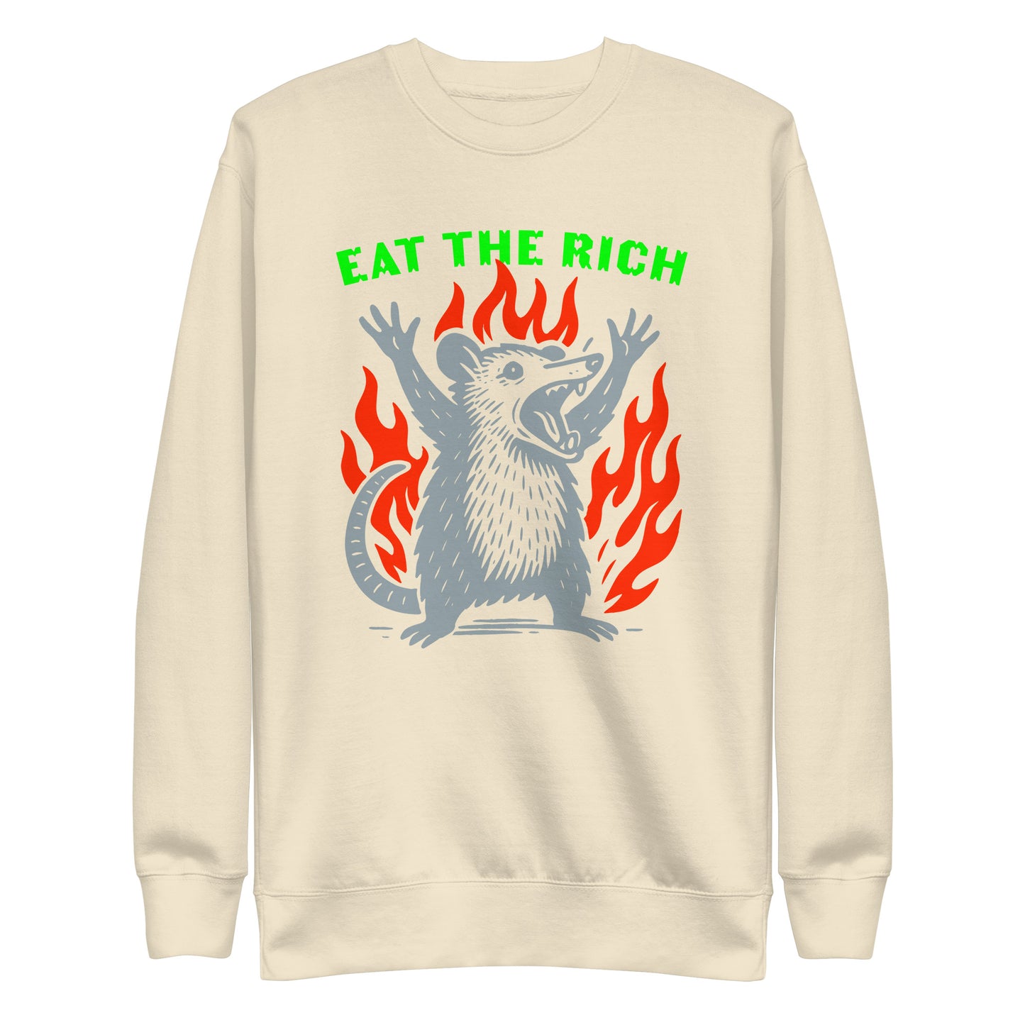 Front View Image: Eat The Rich Opossum Sweatshirt – bold protest design with flames