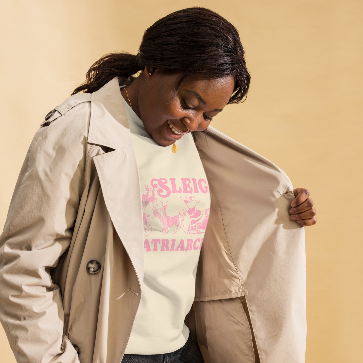 Lifestyle Image: Model wearing the Sleigh The Patriarchy sweatshirt.