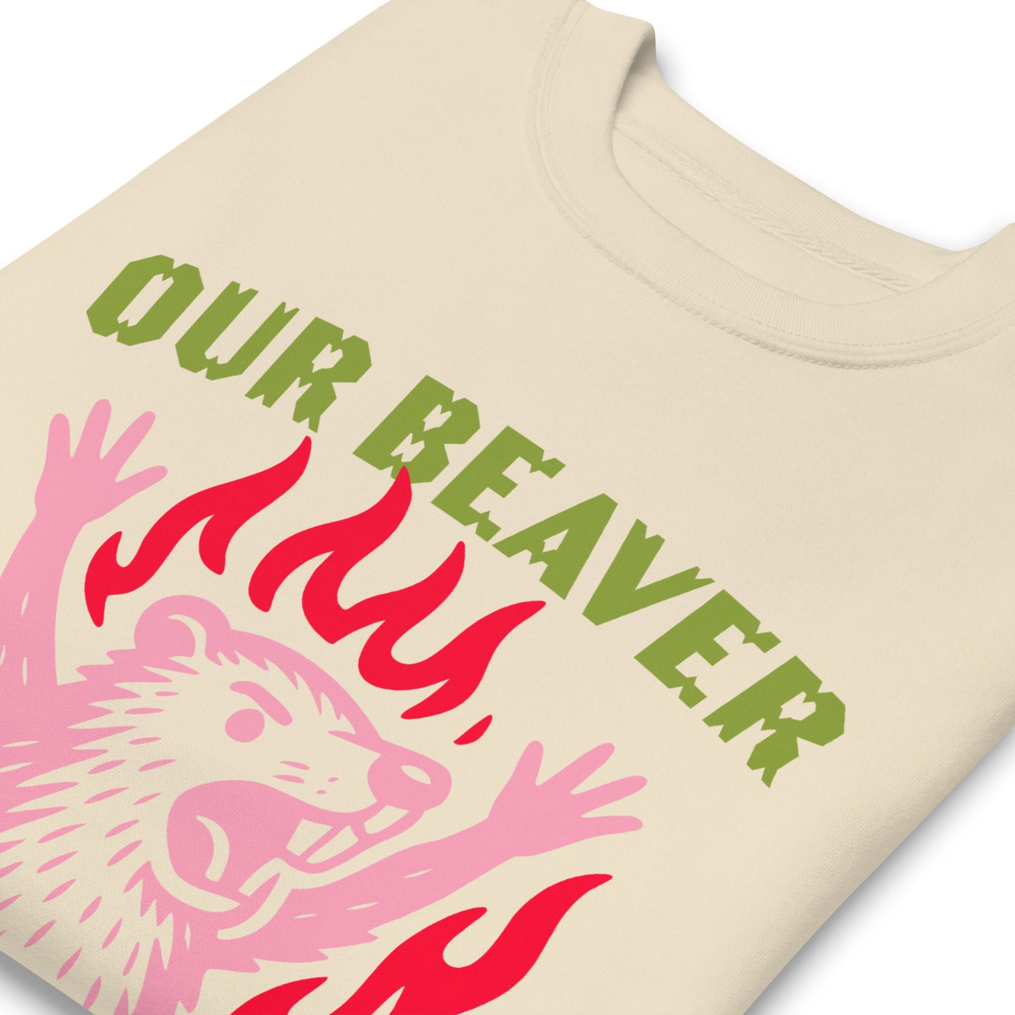 Close-Up of Design: Angry pink beaver with flames and protest message