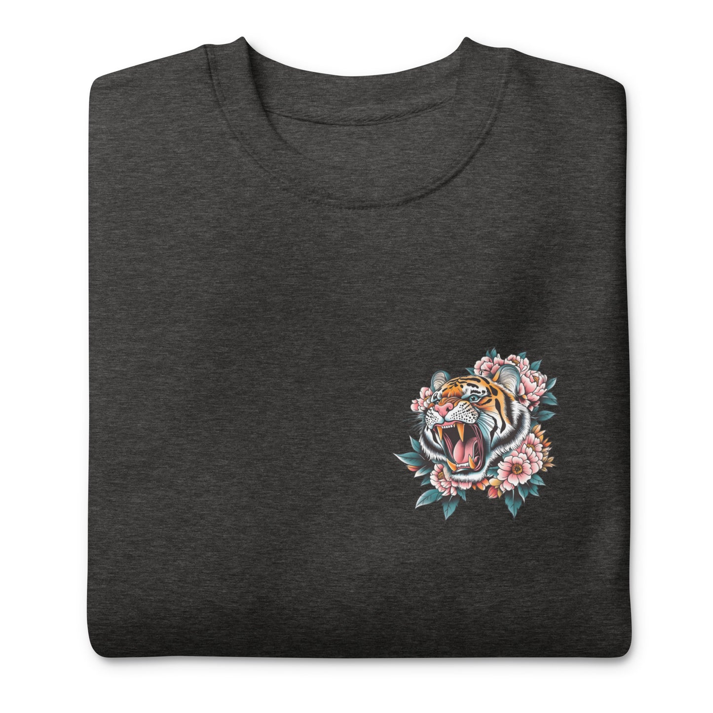 Close-up of the tiger and floral emblem on the front of the sweatshirt.