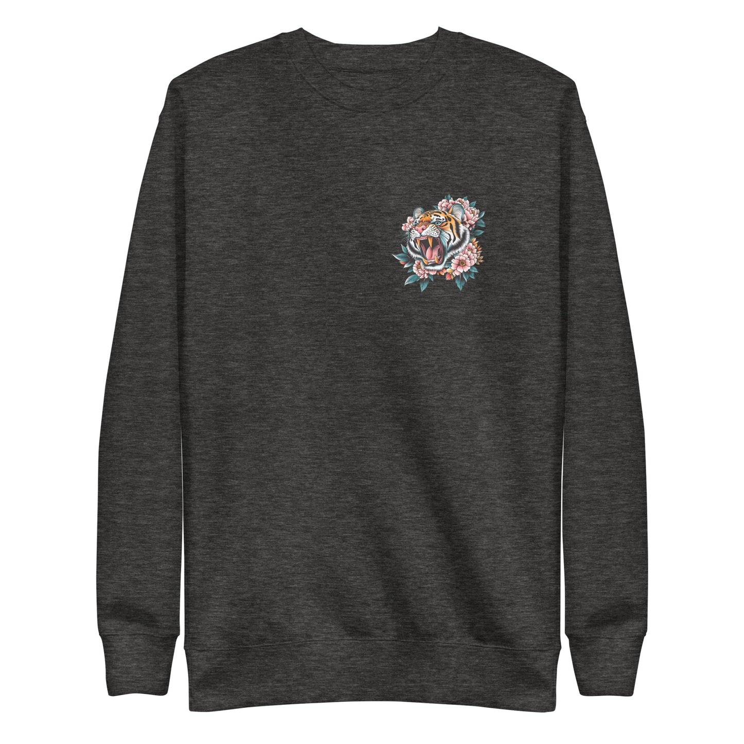 Front View Image: Women Don’t Owe You Sh*t Premium Sweatshirt with small tiger and floral emblem on the front.
