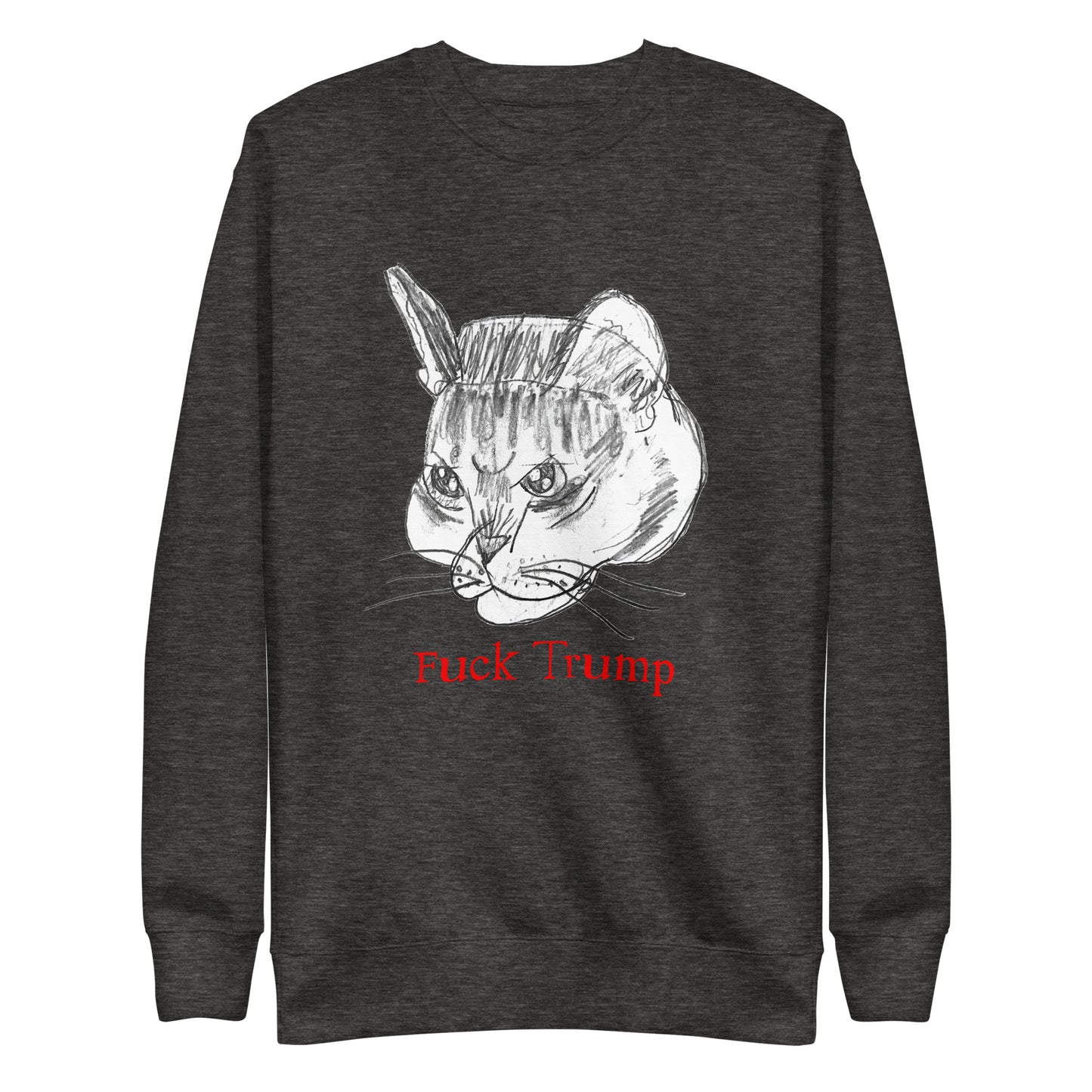 Front View Image: Unisex sweatshirt featuring a playful cat illustration with a "F*ck Trump" message.