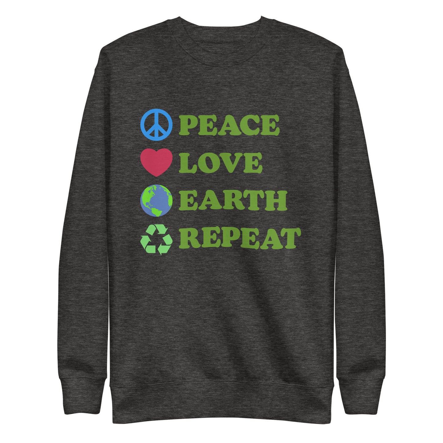 Front View Image: Peace Love Earth Repeat sweatshirt shown flat with full front design