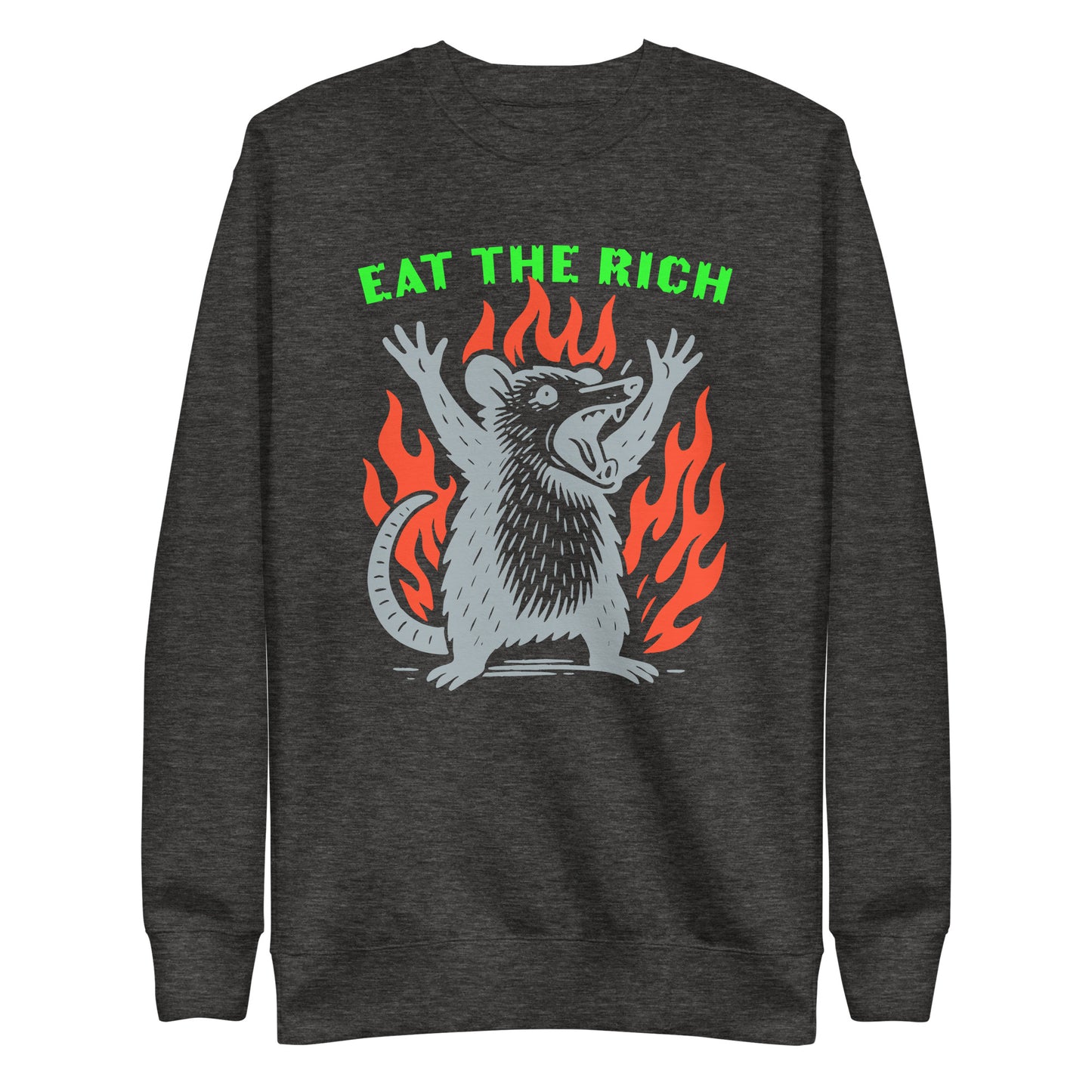 Front View Image: Eat The Rich Opossum Sweatshirt – bold protest design with flames