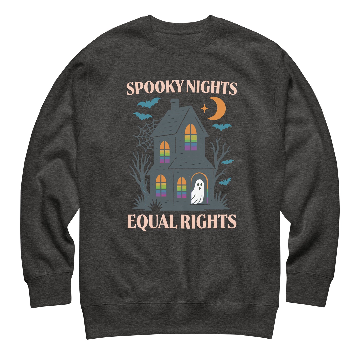 Heather gray Halloween sweatshirt with haunted house and bat design, equality-themed spooky season apparel.