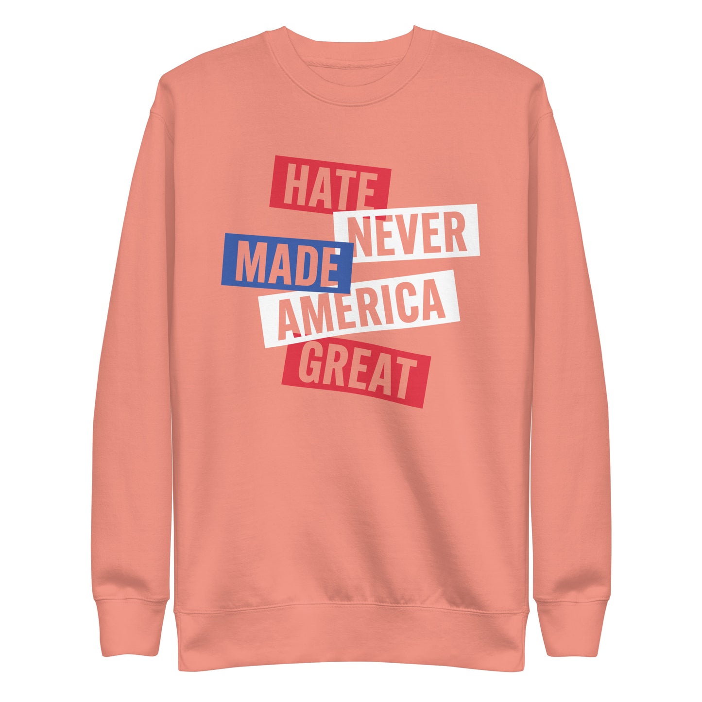 Front View Image: Premium unisex sweatshirt with bold Hate Never Made America Great design.