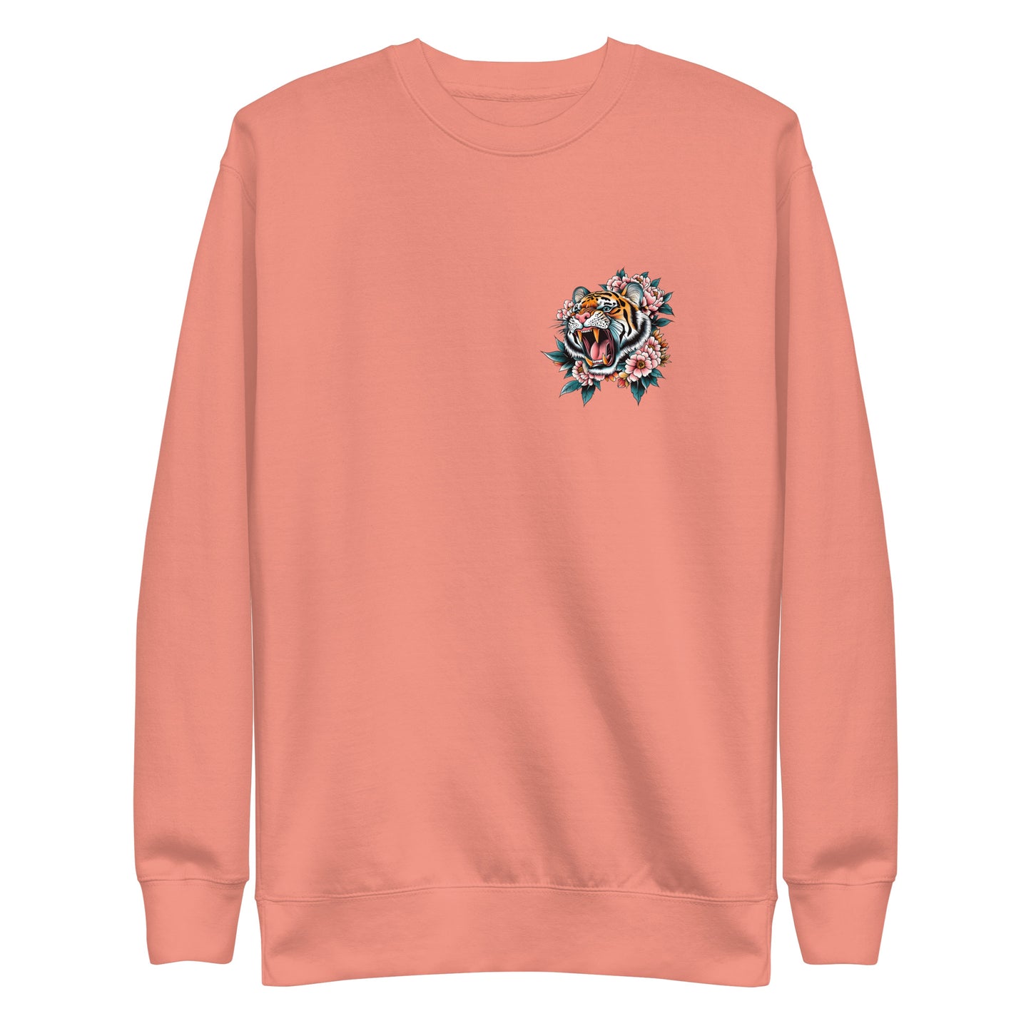 Front View Image: Women Don’t Owe You Sh*t Premium Sweatshirt with small tiger and floral emblem on the front.