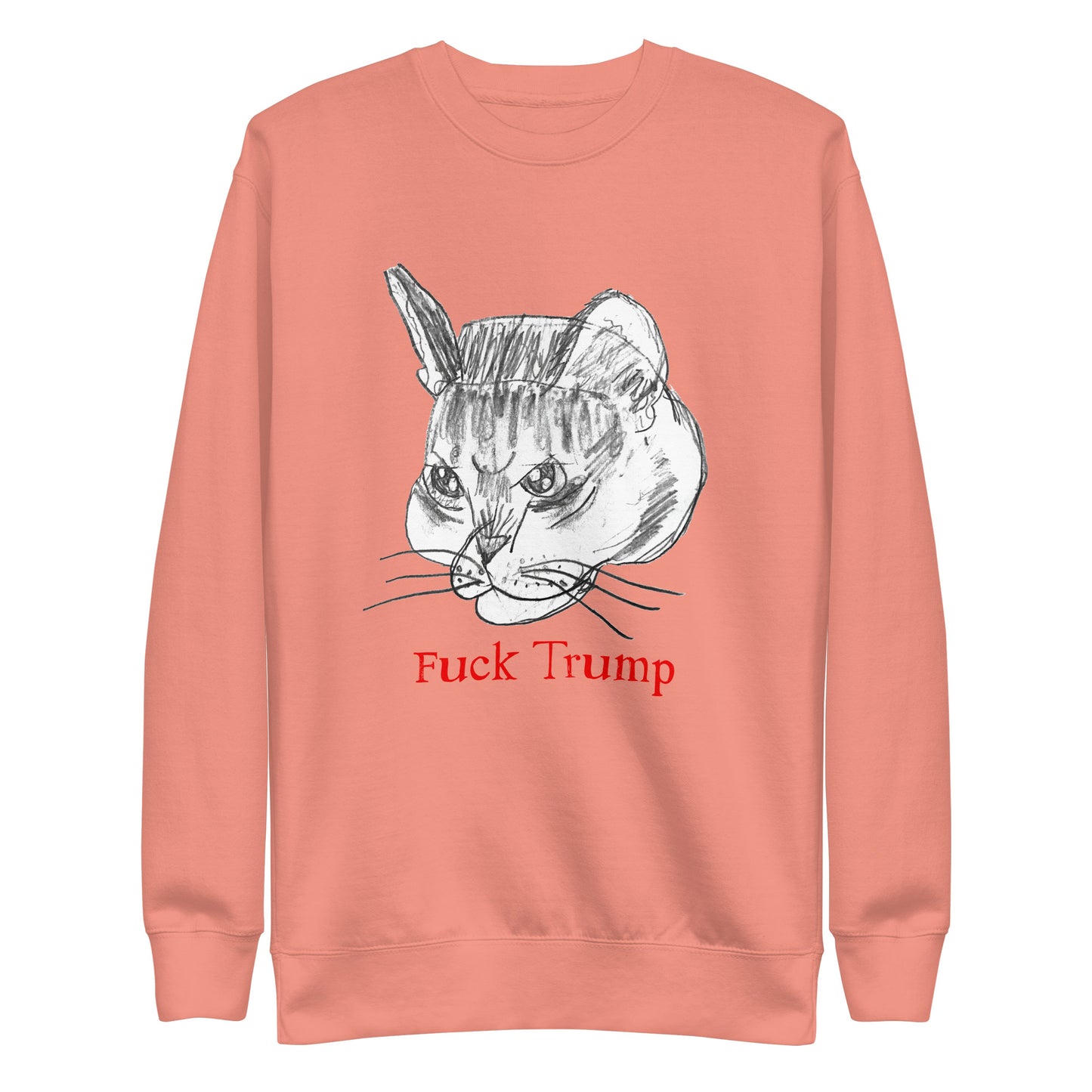 Front View Image: Unisex sweatshirt featuring a playful cat illustration with a "F*ck Trump" message.