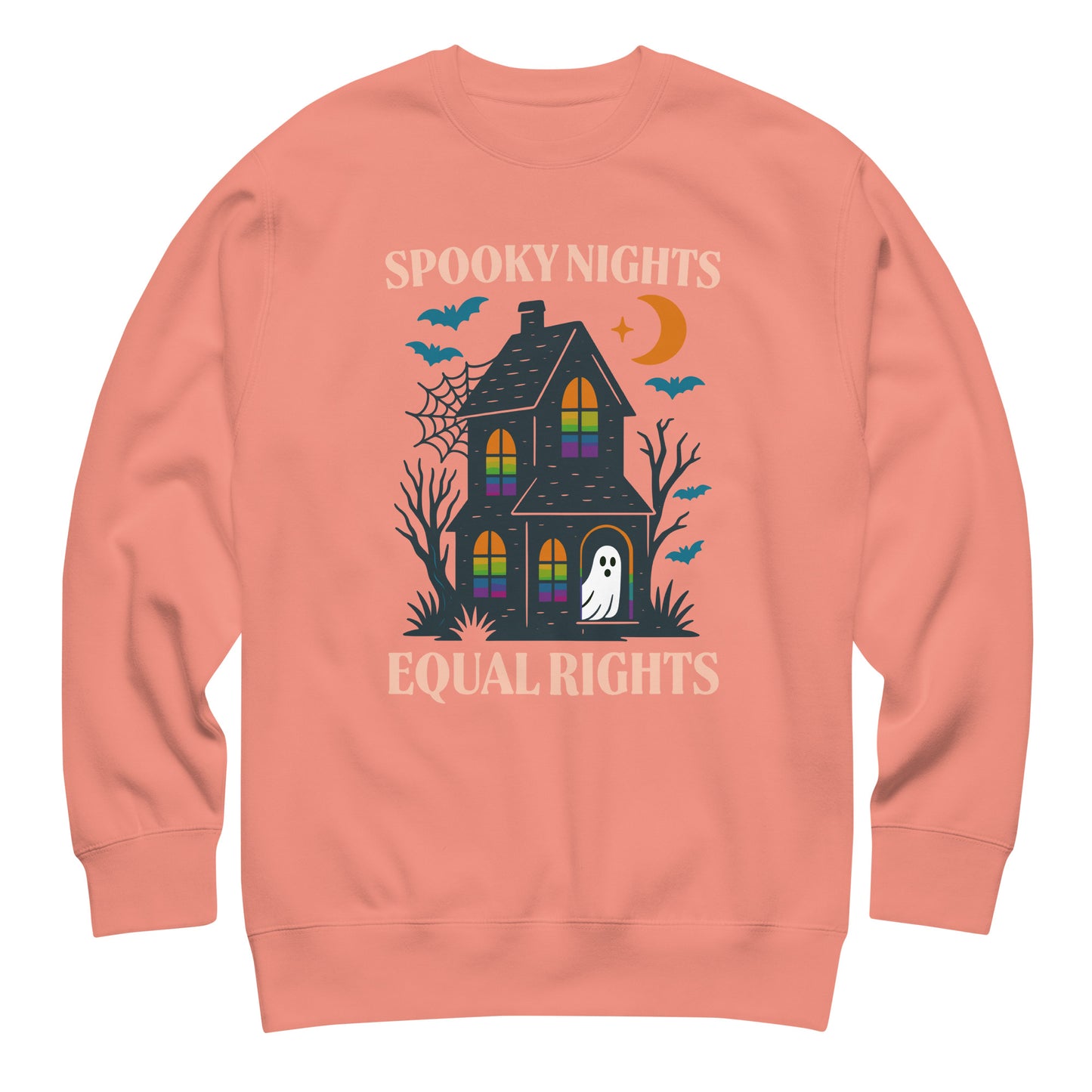 Dusty rose unisex sweatshirt with “Spooky Nights, Equal Rights” text and haunted house design, cozy feminist fall fashion.