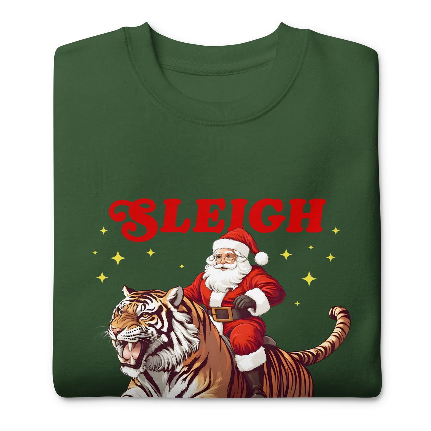 Festive feminist graphic of Santa on a tiger with bold text.