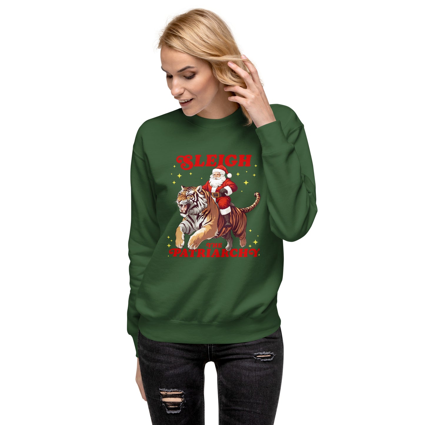 Model wearing the Sleigh The Patriarchy premium sweatshirt.