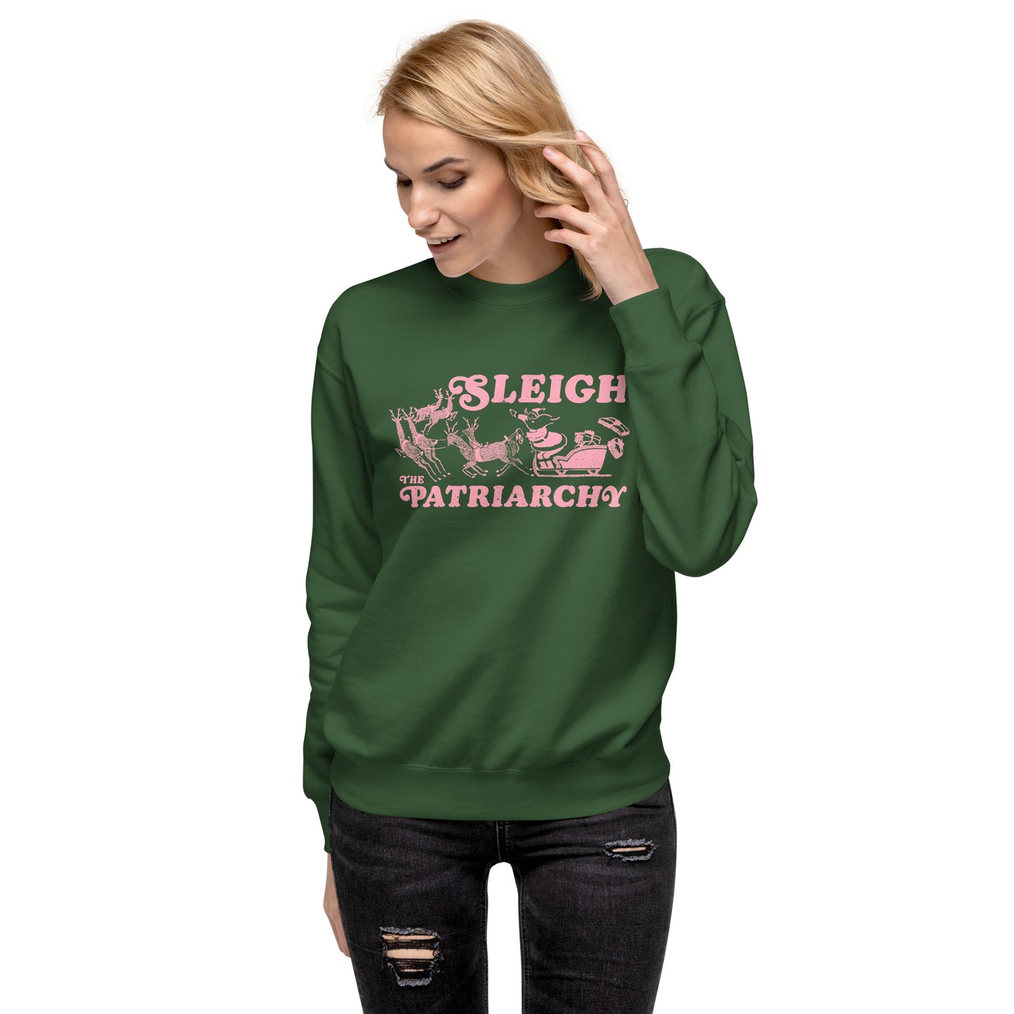 Lifestyle Image: Model wearing the Sleigh The Patriarchy sweatshirt.