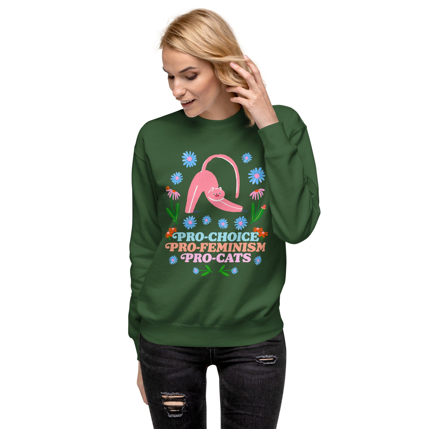 Person lounging in the Pro-Choice Pro-Feminism Pro-Cats Premium Sweatshirt.