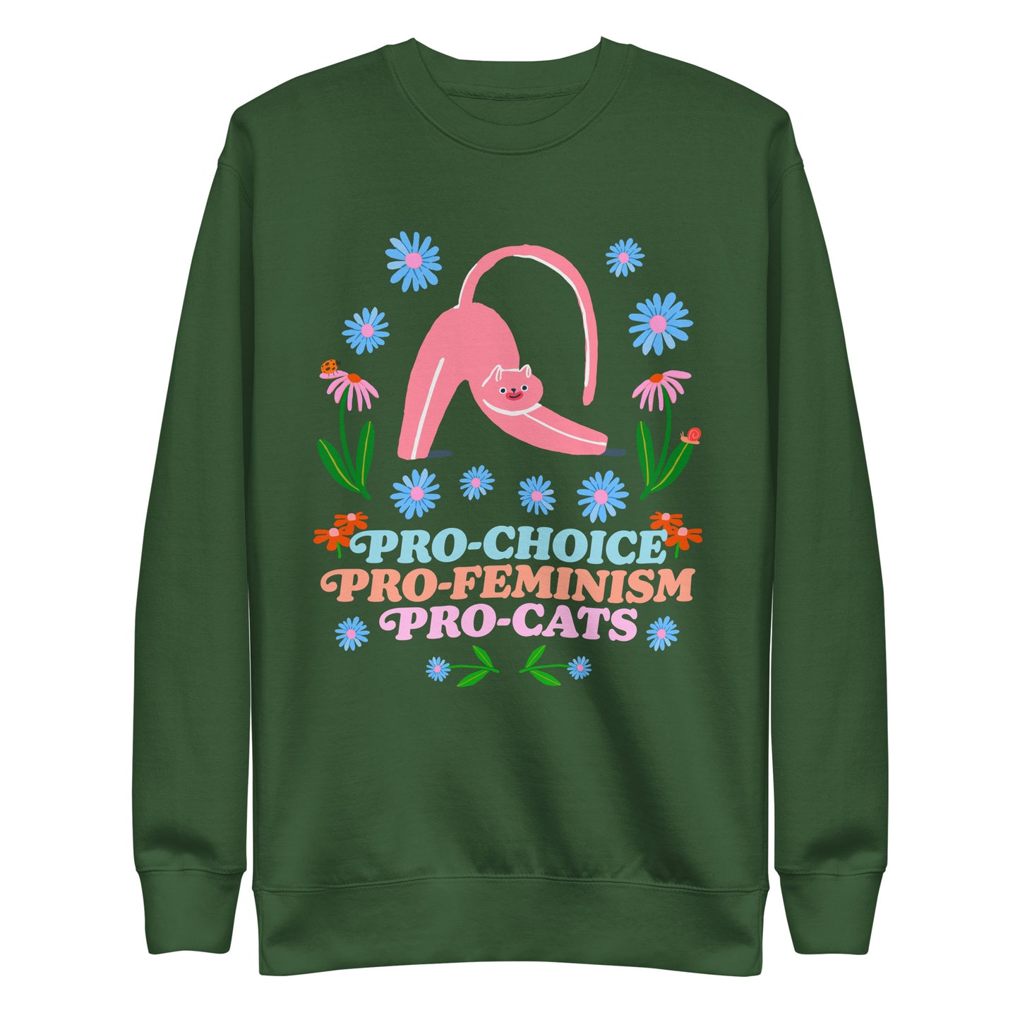 Front View Image: Pro-Choice Pro-Feminism Pro-Cats Premium Sweatshirt with floral cat design.
