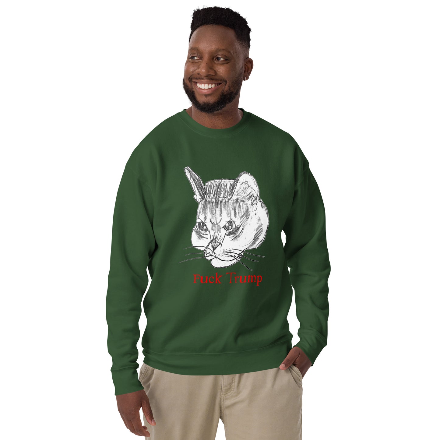Lifestyle Image: Black model wearing the FDT anti-Trump cat sweatshirt in a casual setting, showcasing its fit and design.