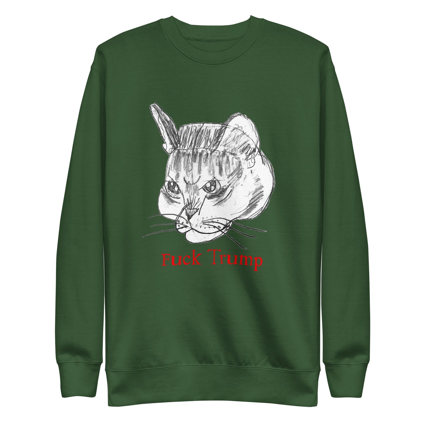 Front View Image: Unisex sweatshirt featuring a playful cat illustration with a "F*ck Trump" message.