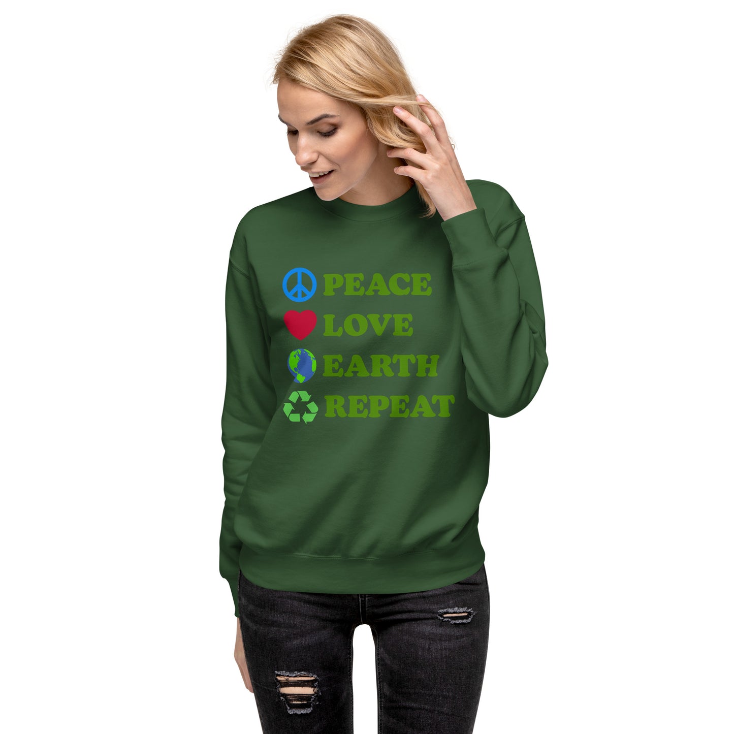Lifestyle Image: Activist wearing Peace Love Earth Repeat eco message sweatshirt